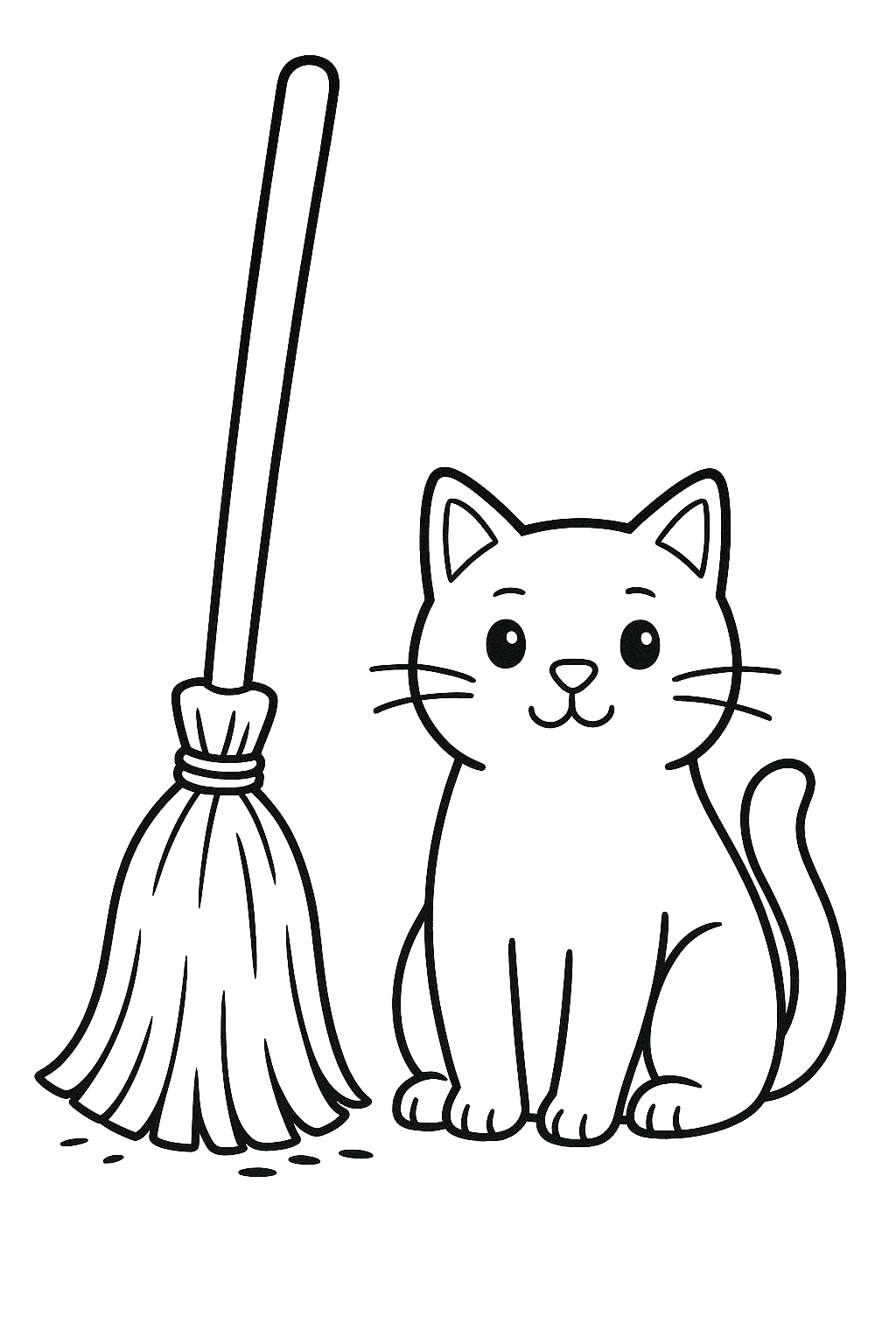 Vassoura com gato para colorir