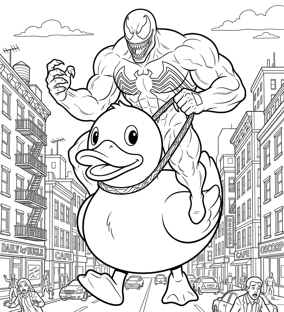 Venom andando em patinho gigante para colorir