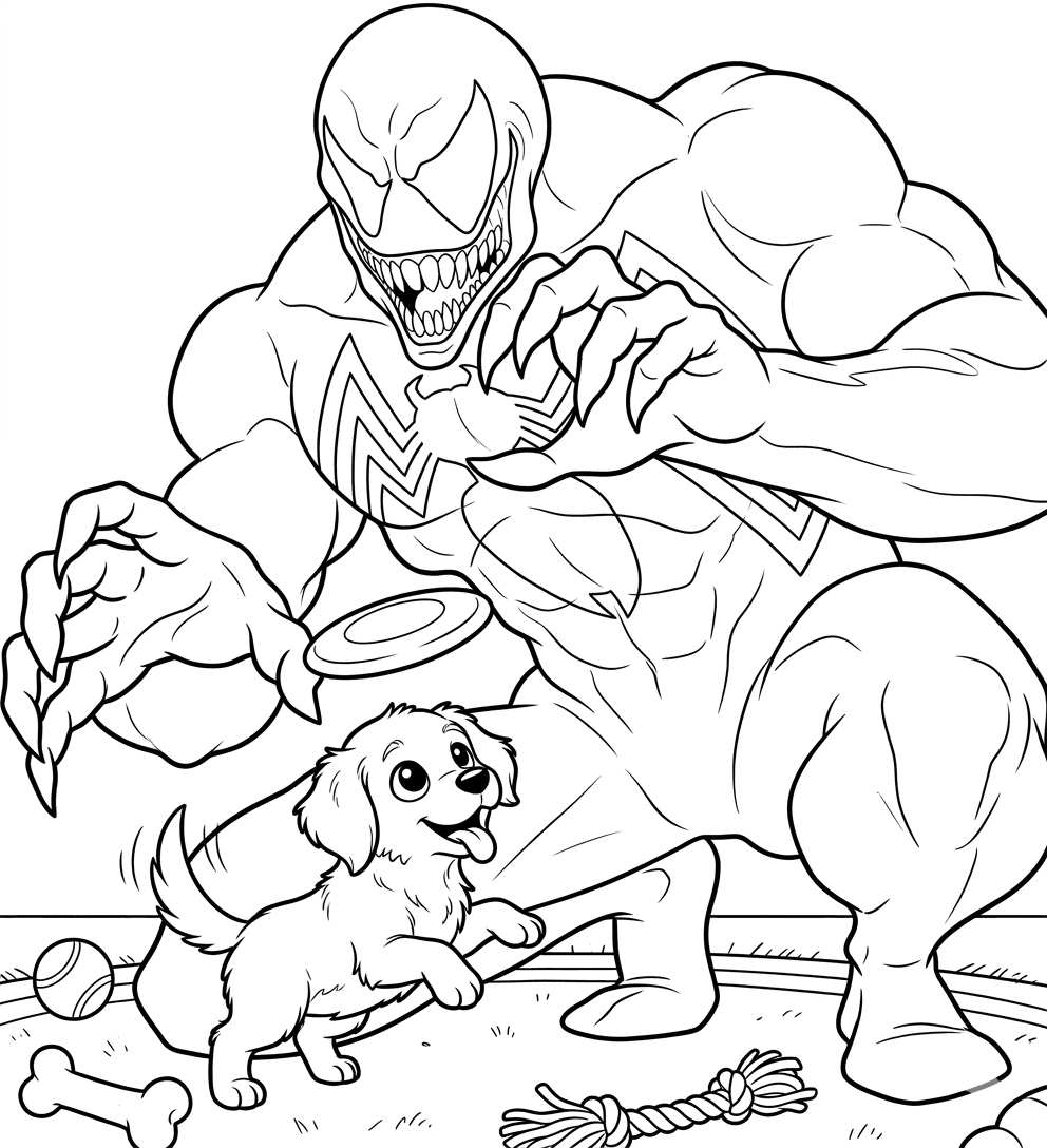 Venom brincando com cachorrinho para colorir