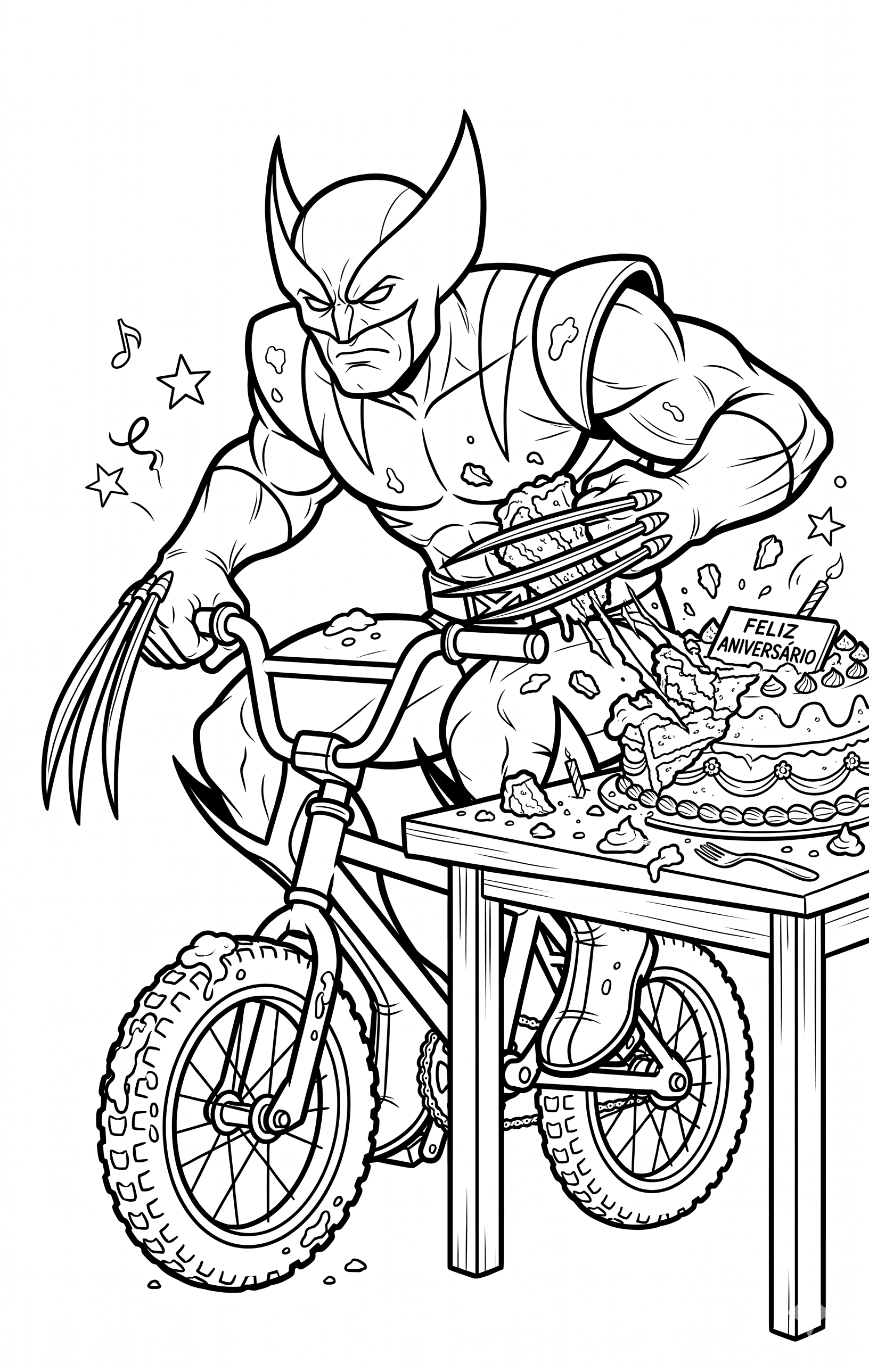 Wolverine roubando bolo de bicicleta para colorir