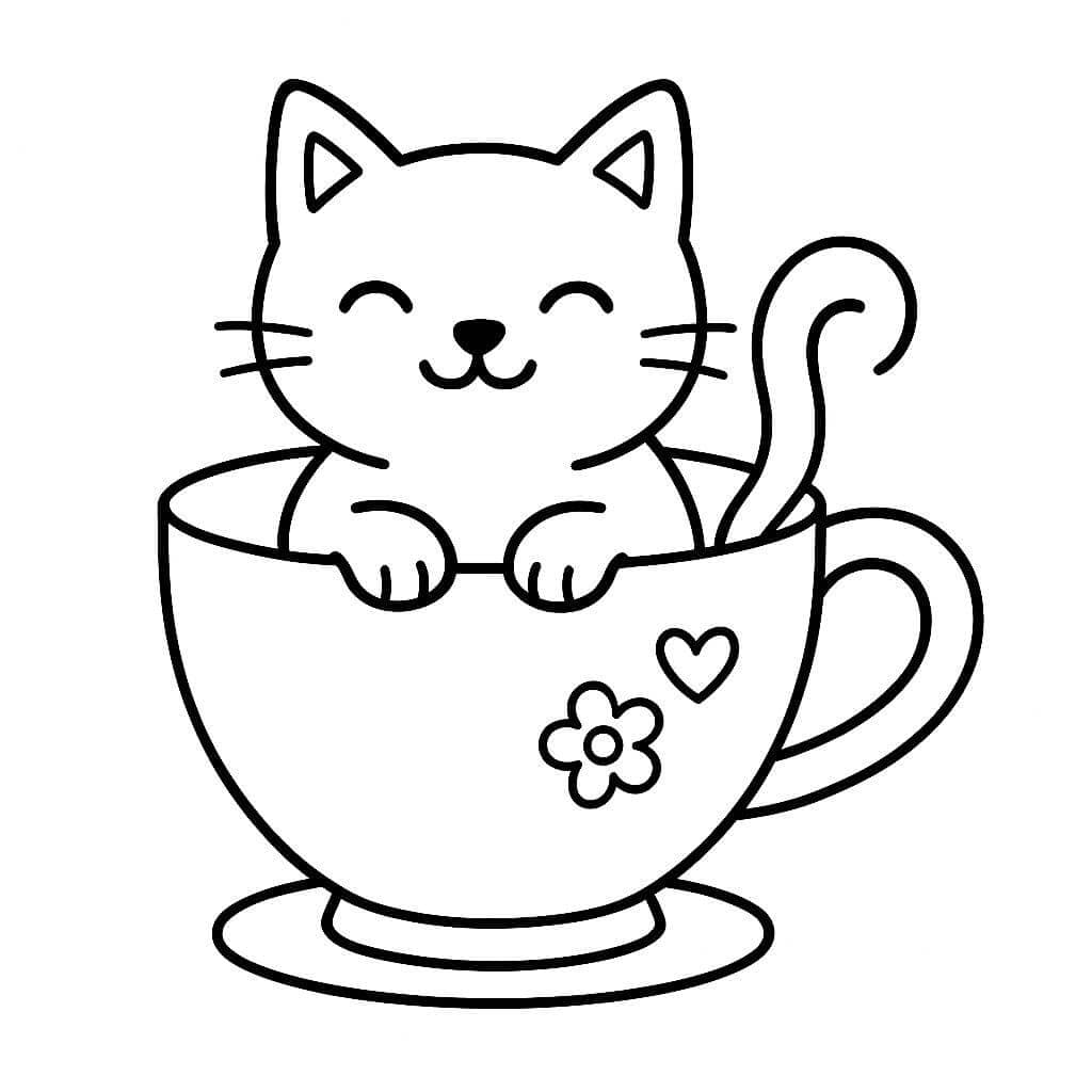 Xícara com gato para colorir