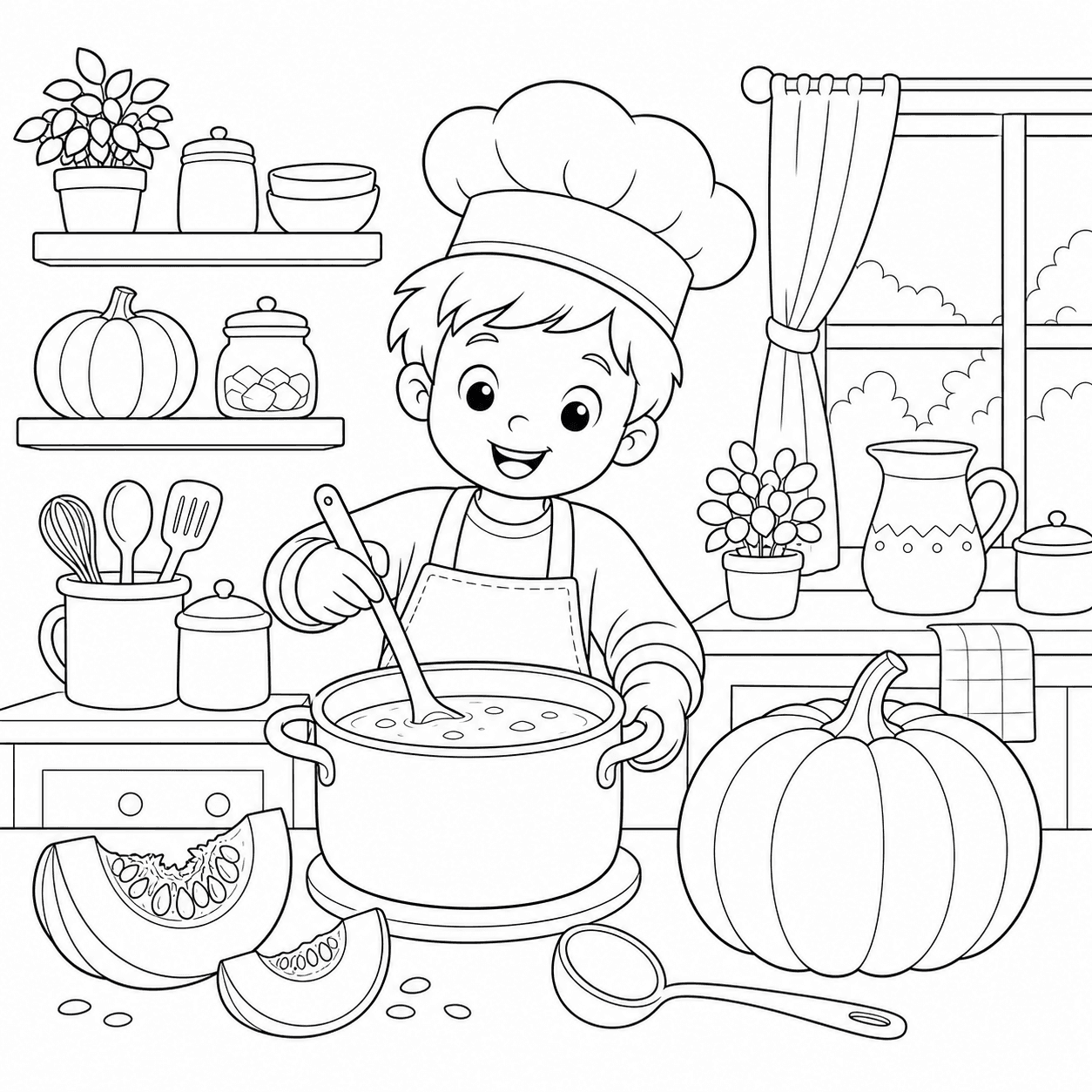 Chef preparando sopa de abóbora para colorir