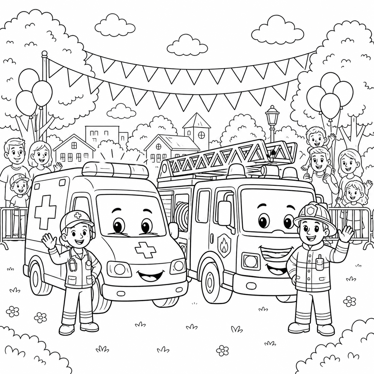 Ambulância e caminhão de bombeiros para colorir