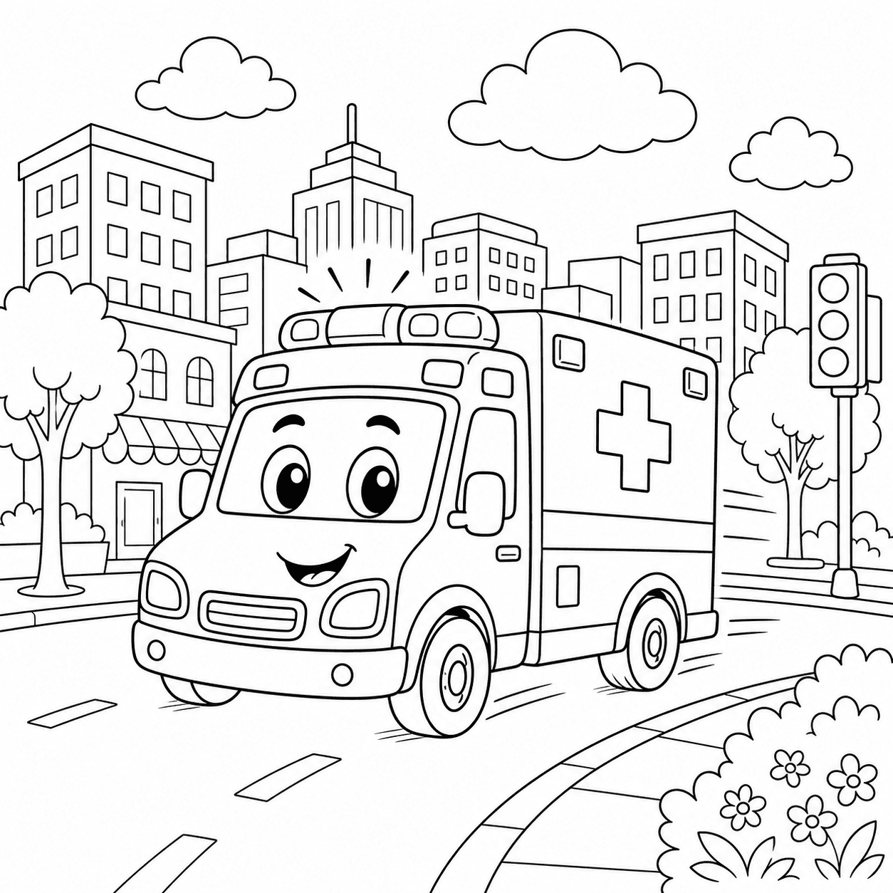 Ambulância na cidade para colorir