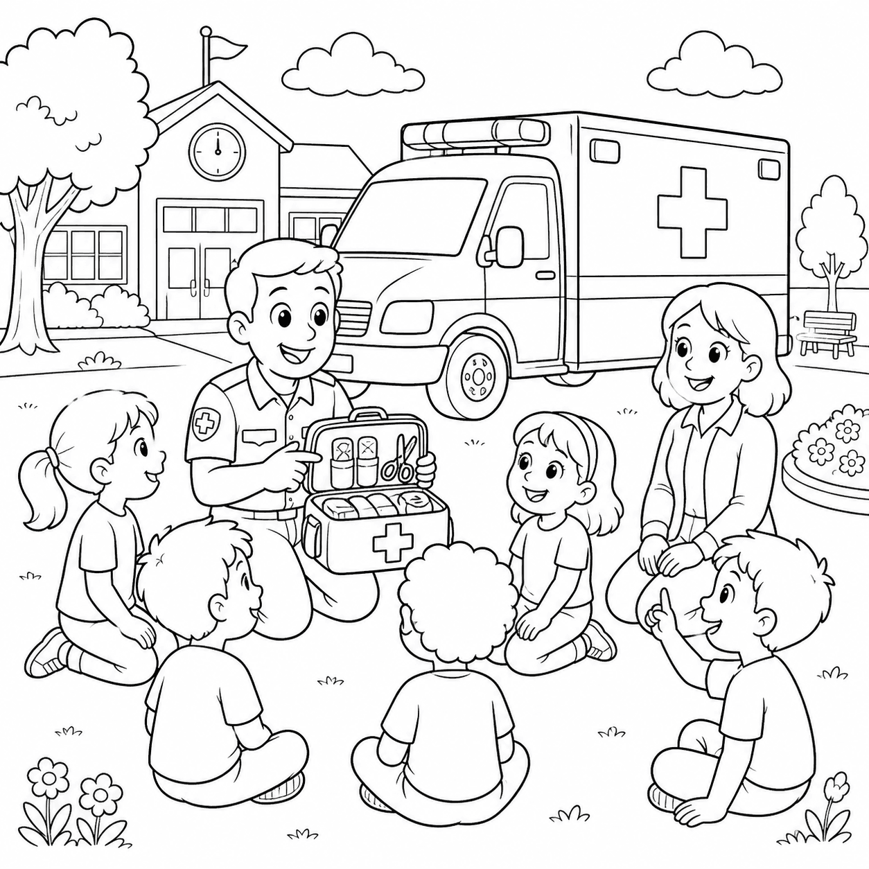Ambulância na escola para colorir