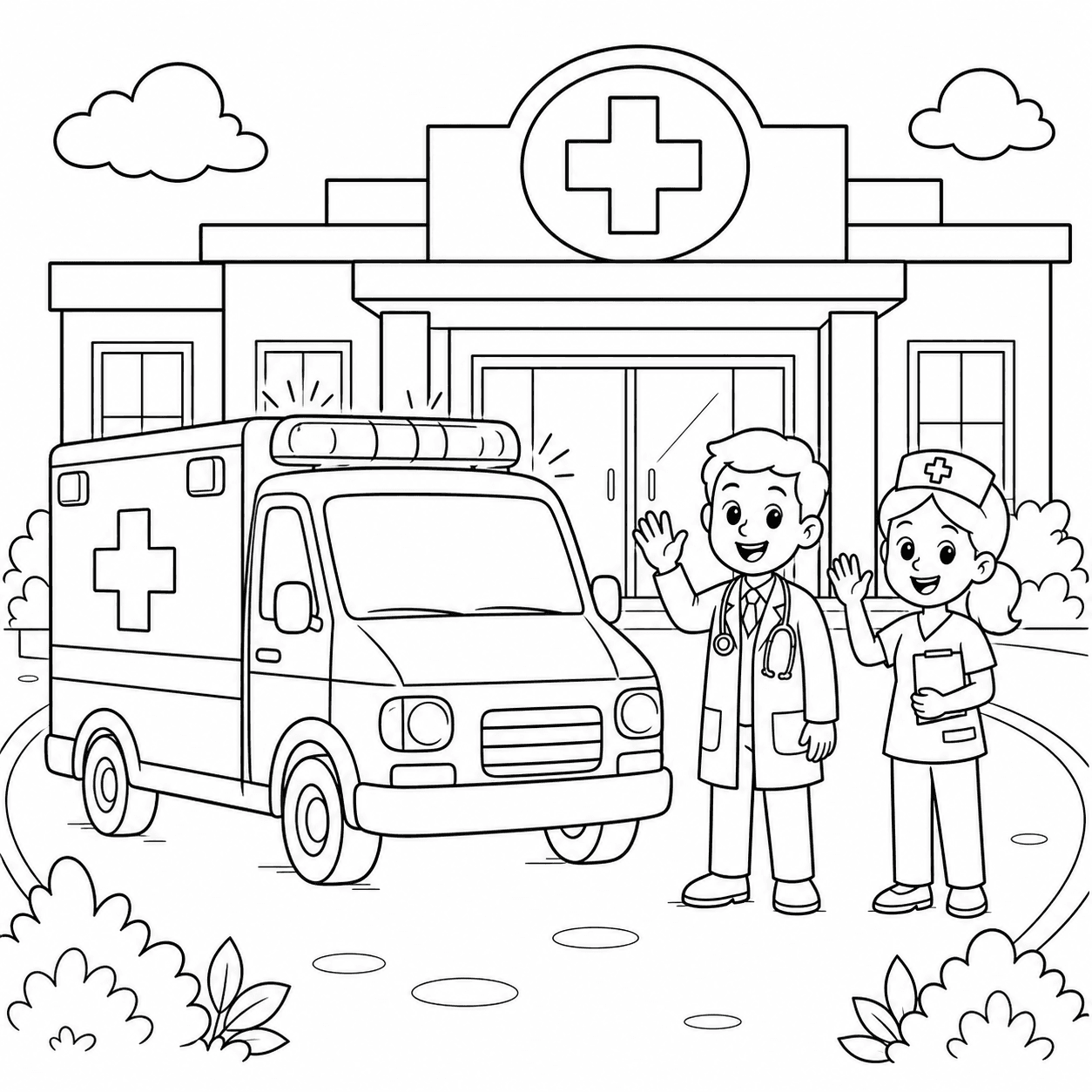 Ambulância no hospital para colorir