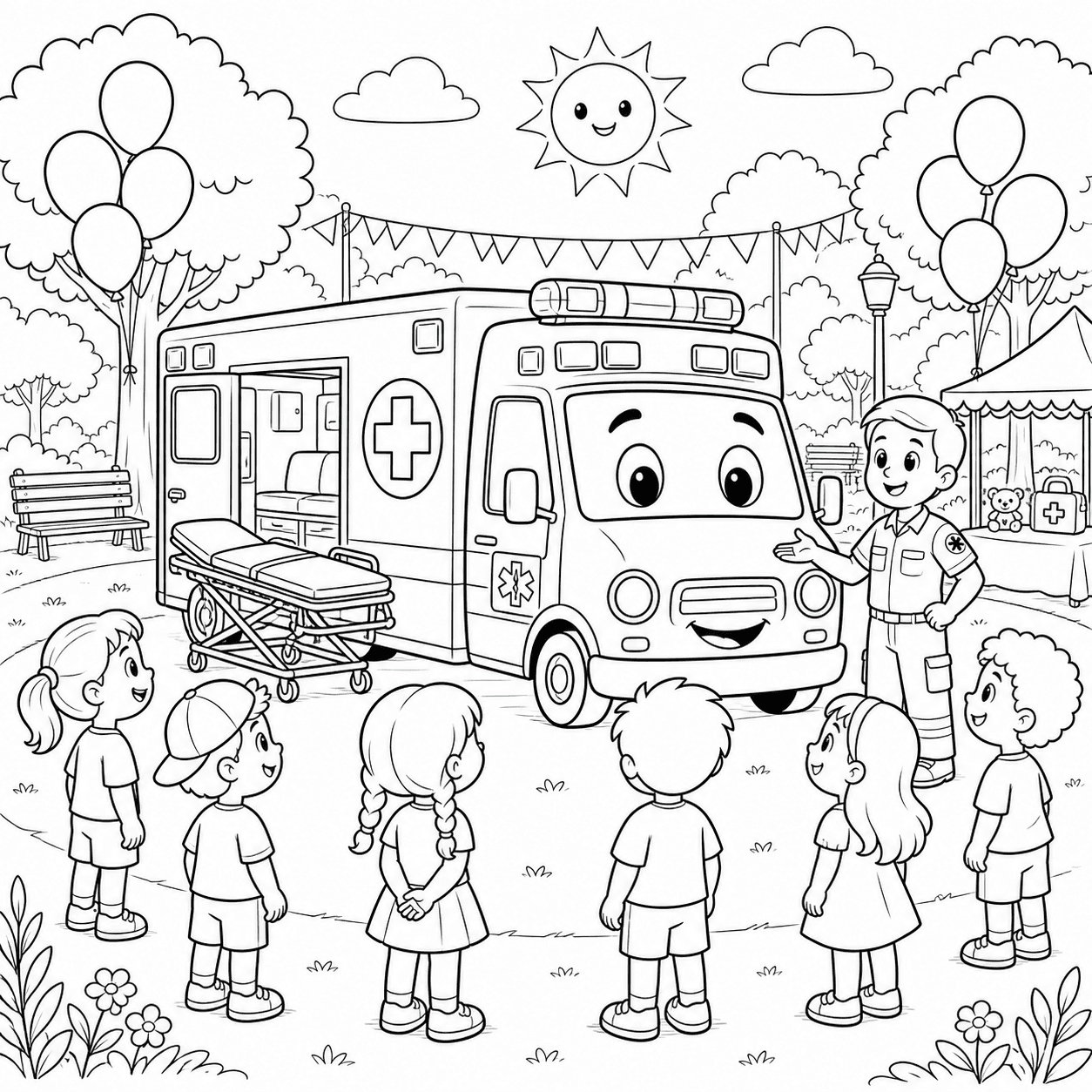 Ambulância no parque para colorir