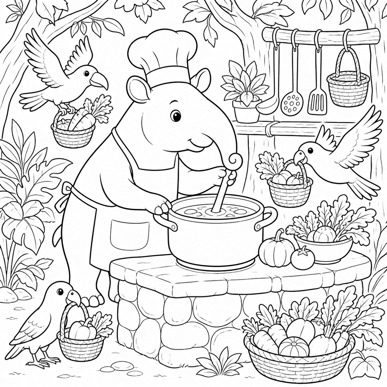 Anta chef preparando sopa com passarinhos para colorir