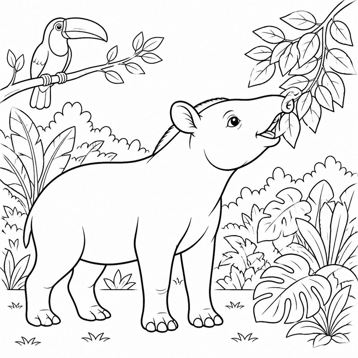 Anta comendo folhas ao lado de um tucano para colorir