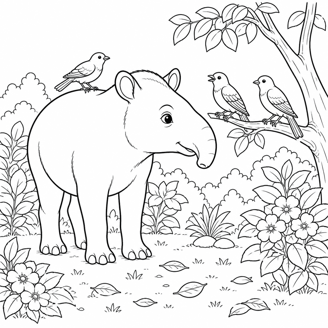 Anta encontrando passarinhos na floresta para colorir