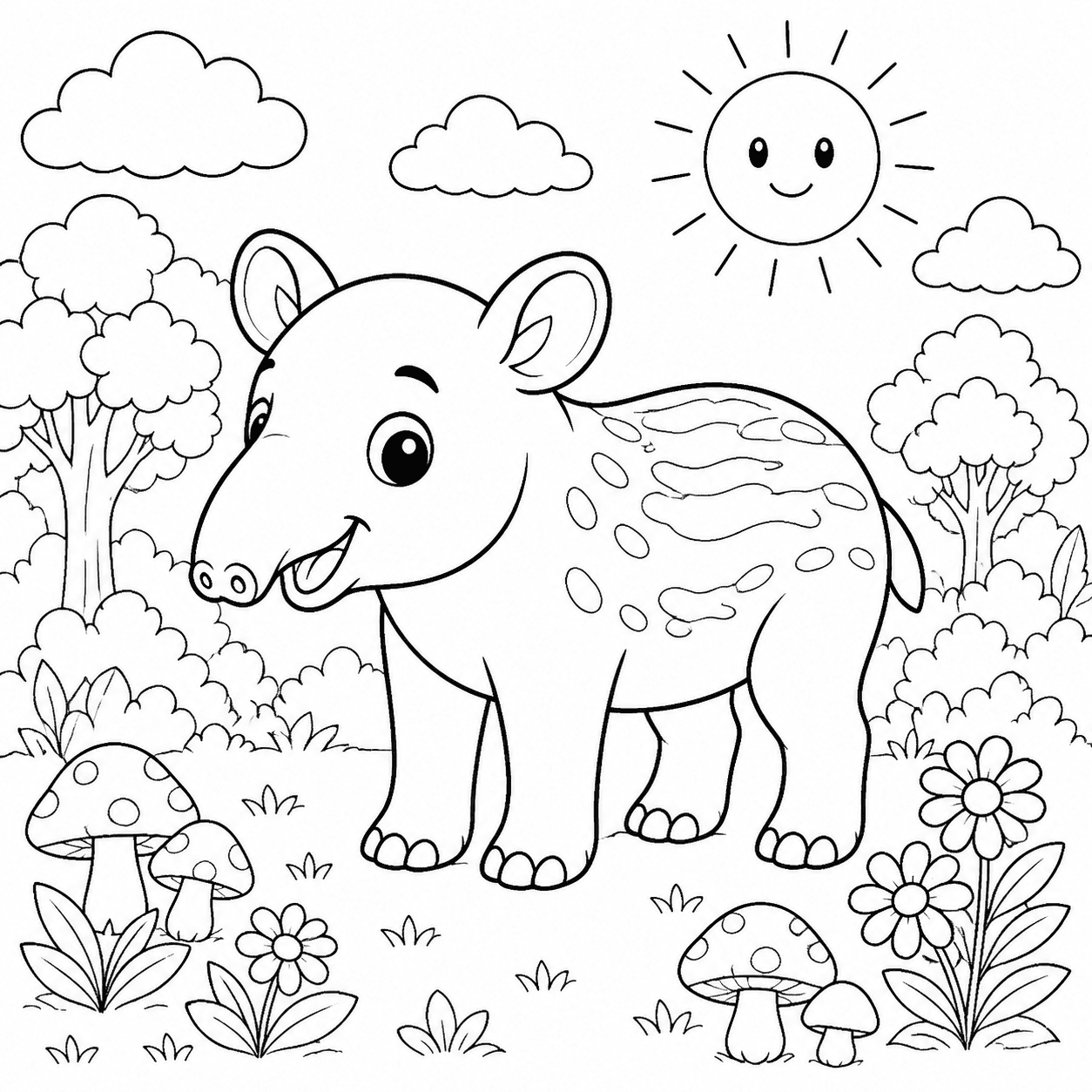 Anta filhote fofa em um bosque para colorir