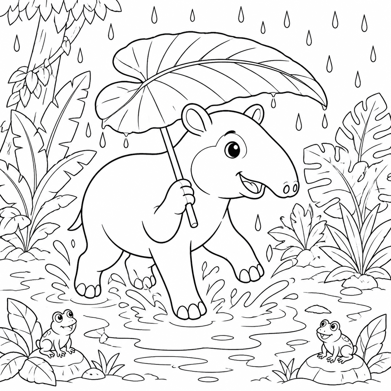 Anta brincando na chuva com folha de guarda-chuva para colorir
