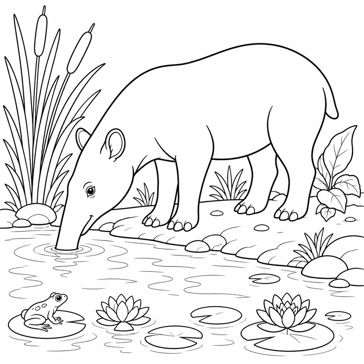 Anta bebendo água perto do rio para colorir