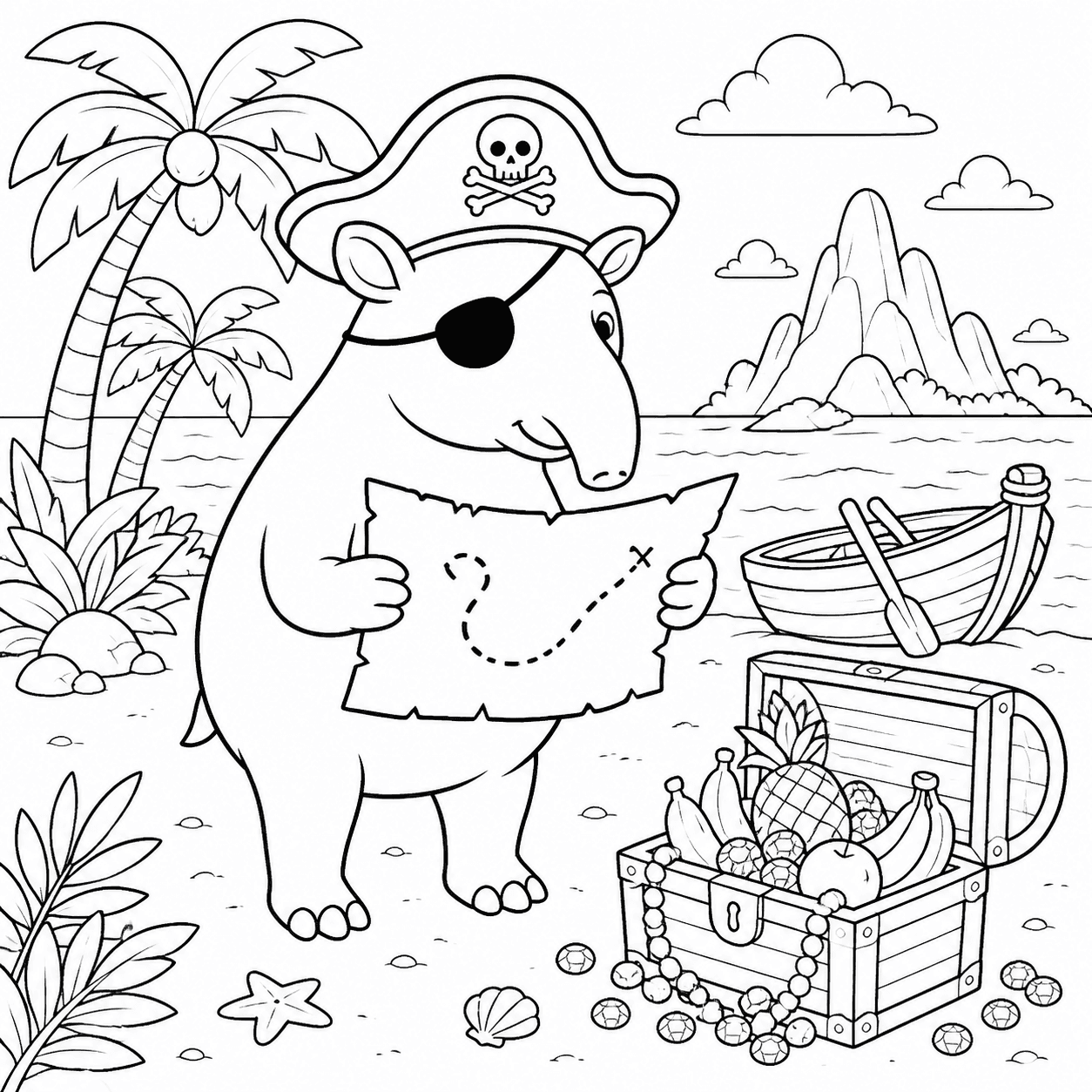 Anta pirata encontrando um tesouro na ilha para colorir