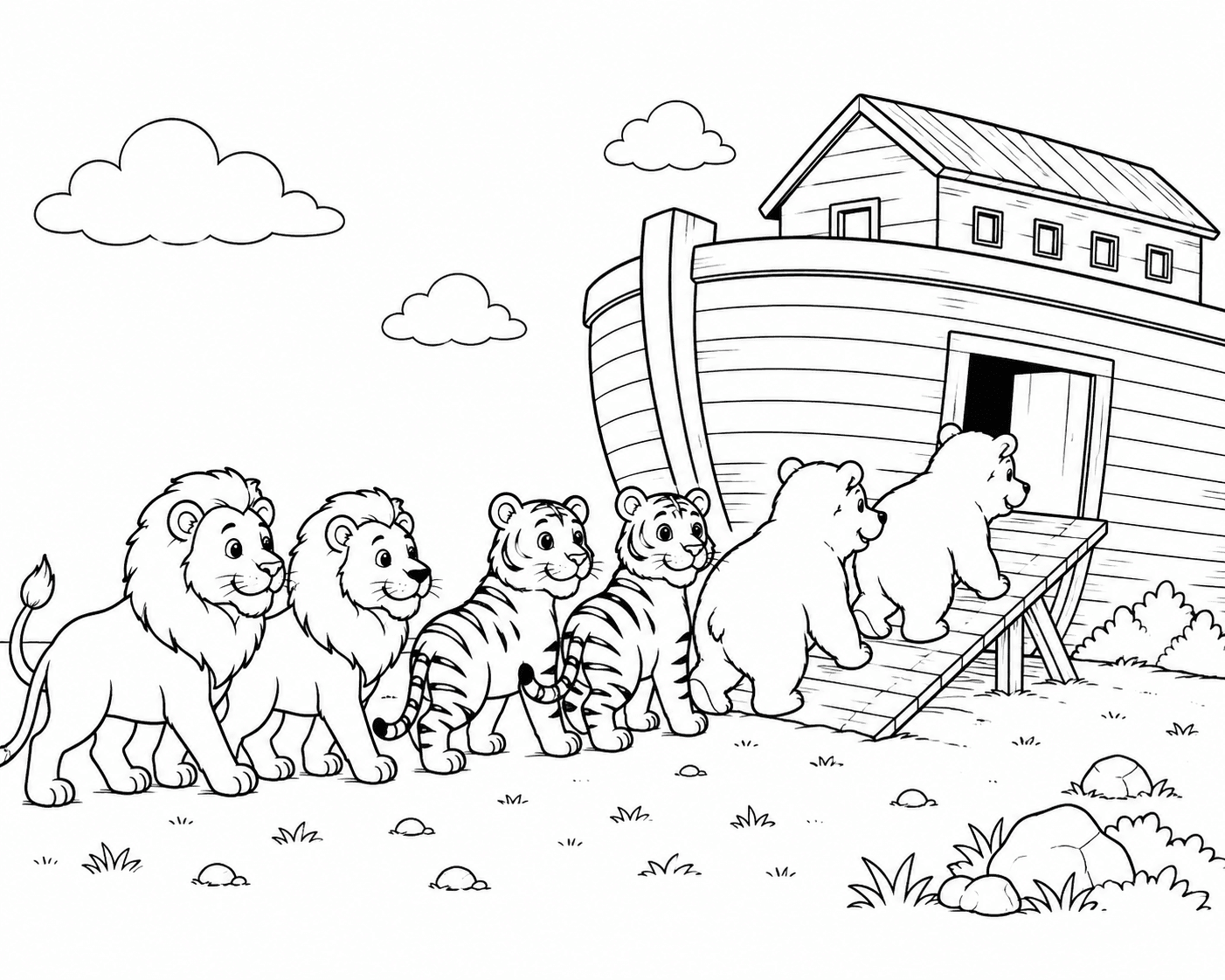 Animais entrando na Arca de Noé para colorir