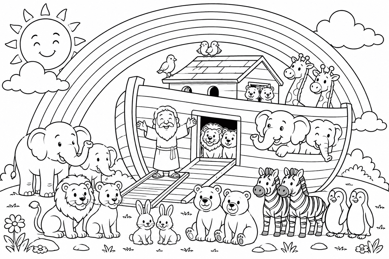 Arca de Noé com animais felizes para colorir
