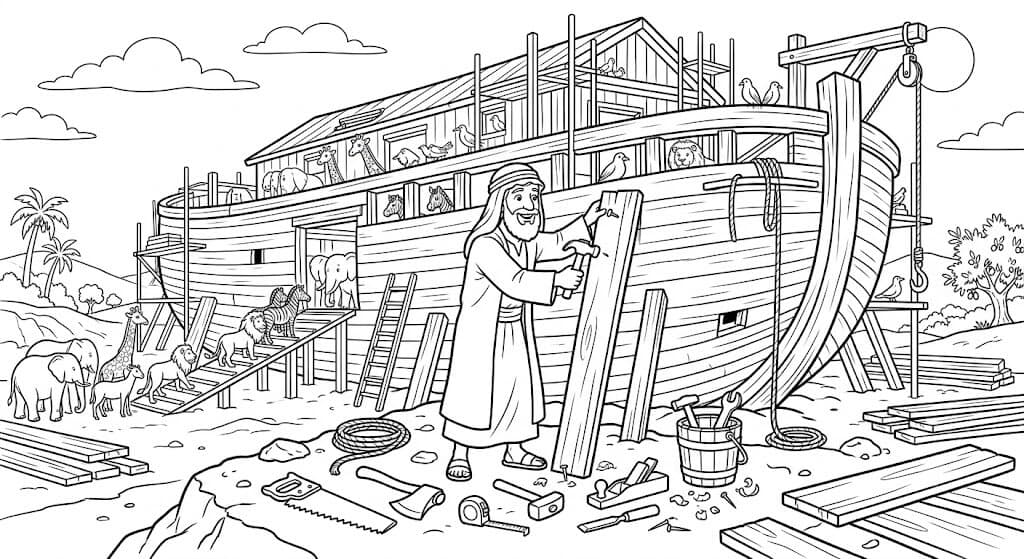 Noé construindo a arca para colorir