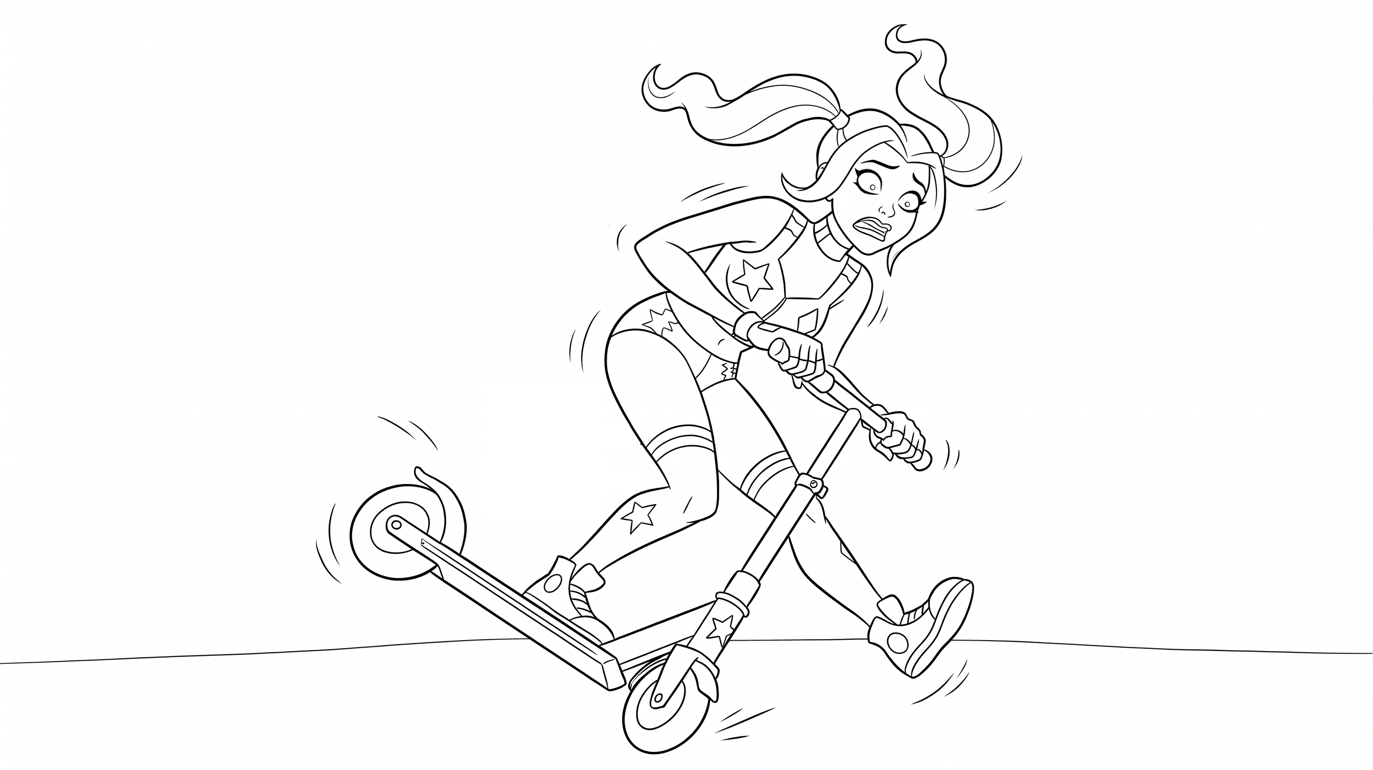 Arlequina caindo de patinete para colorir