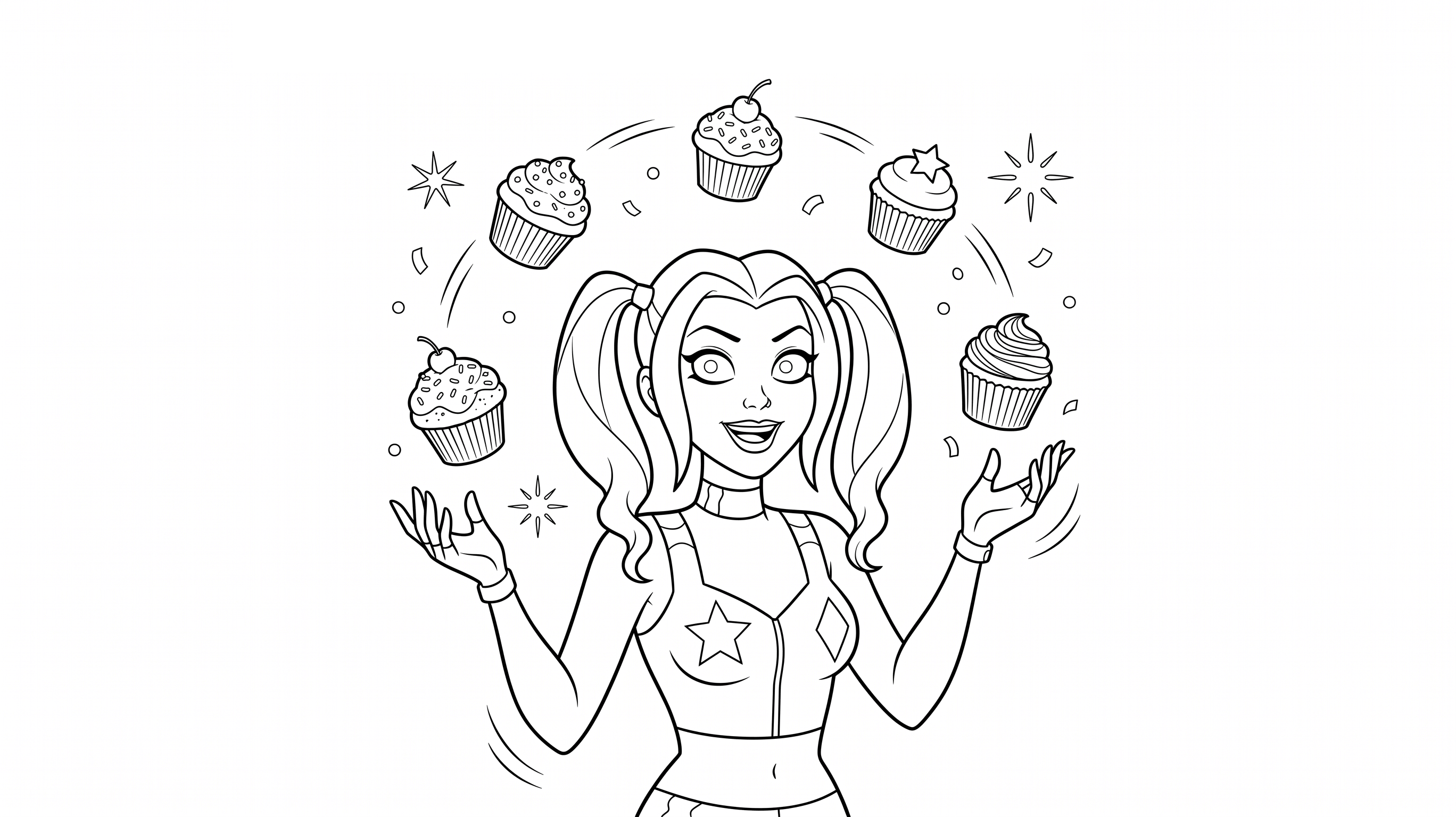 Arlequina com cupcakes para colorir