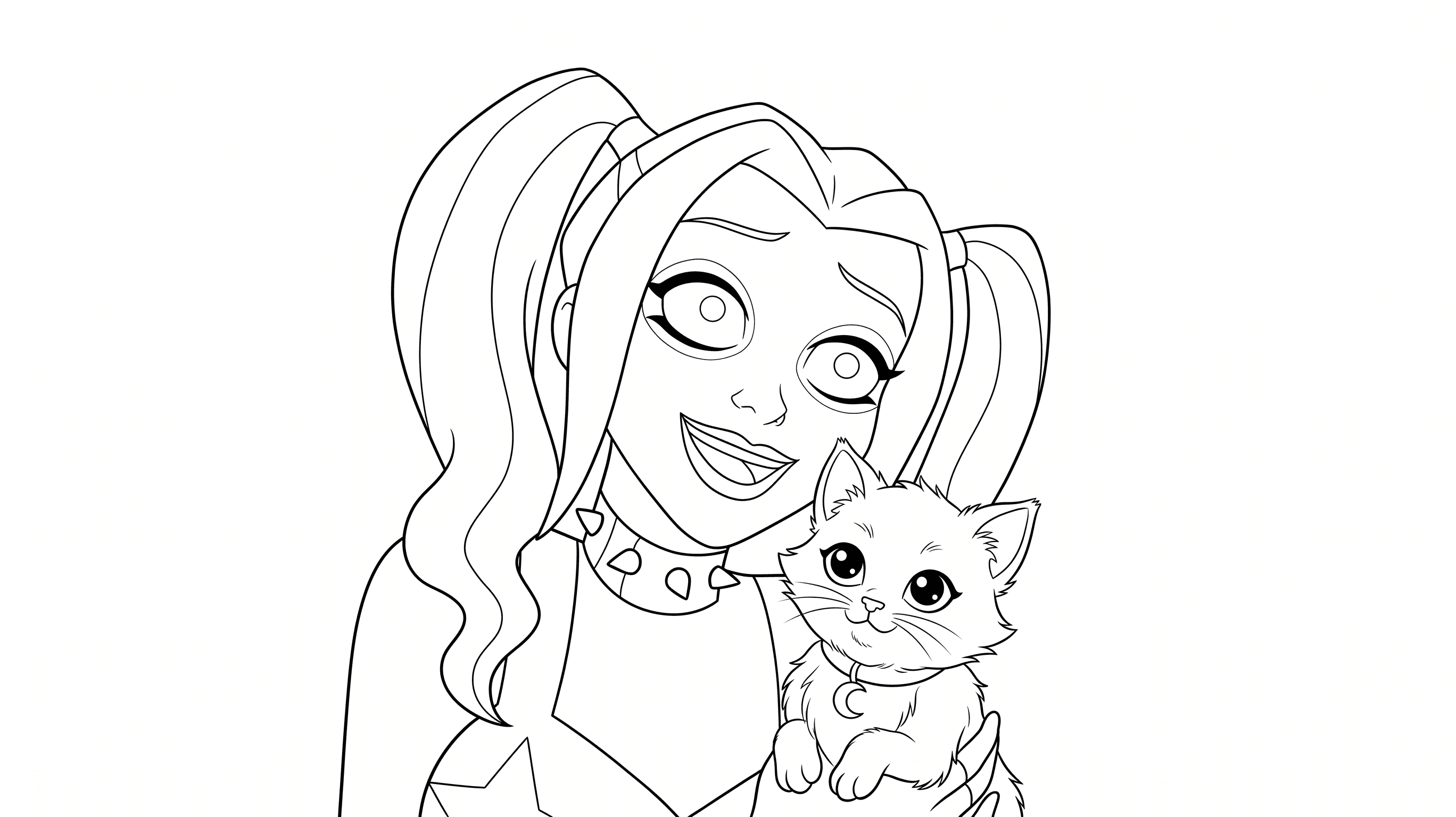 Arlequina e gatinho fofo para colorir