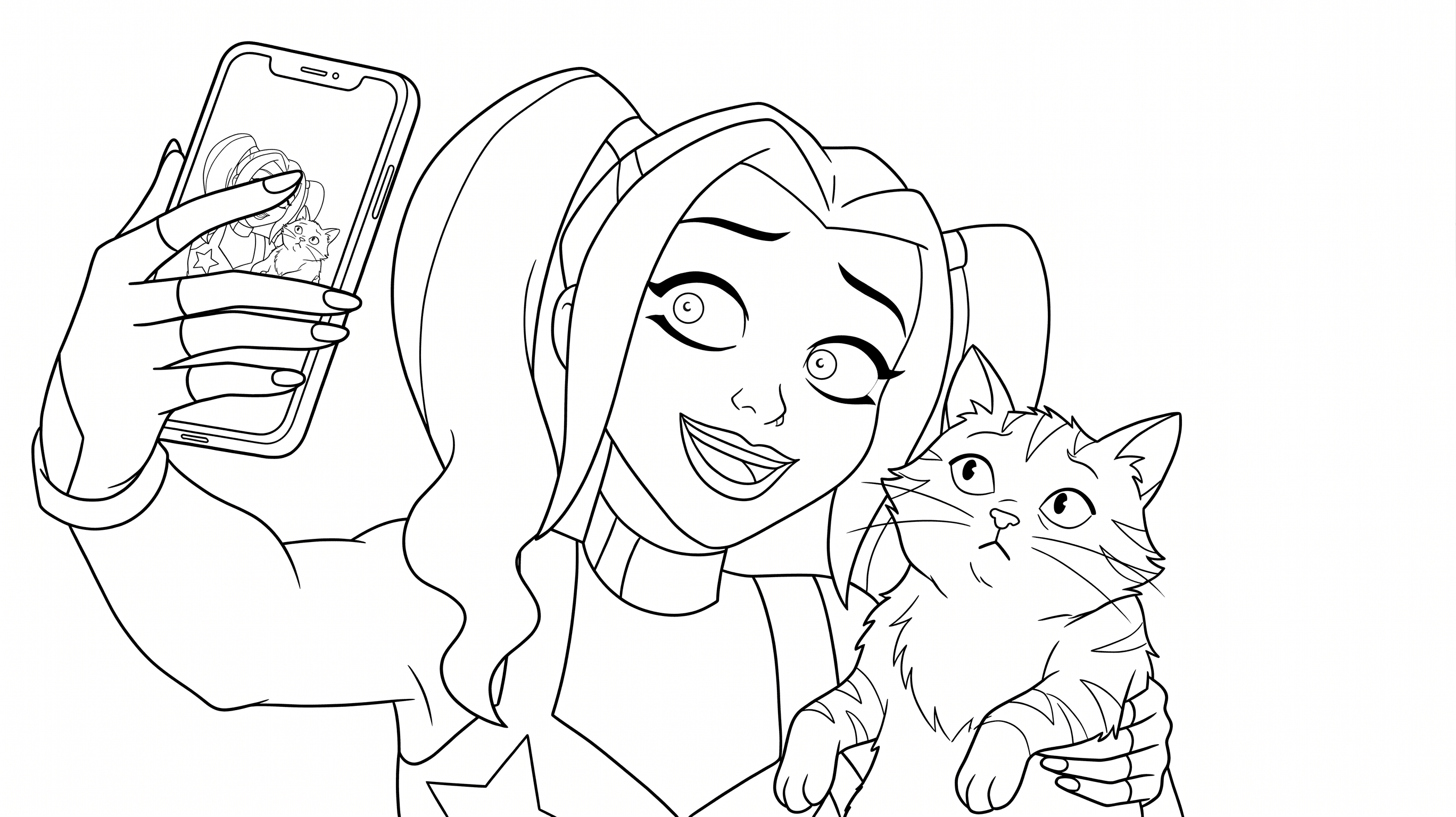 Arlequina selfie com gato para colorir