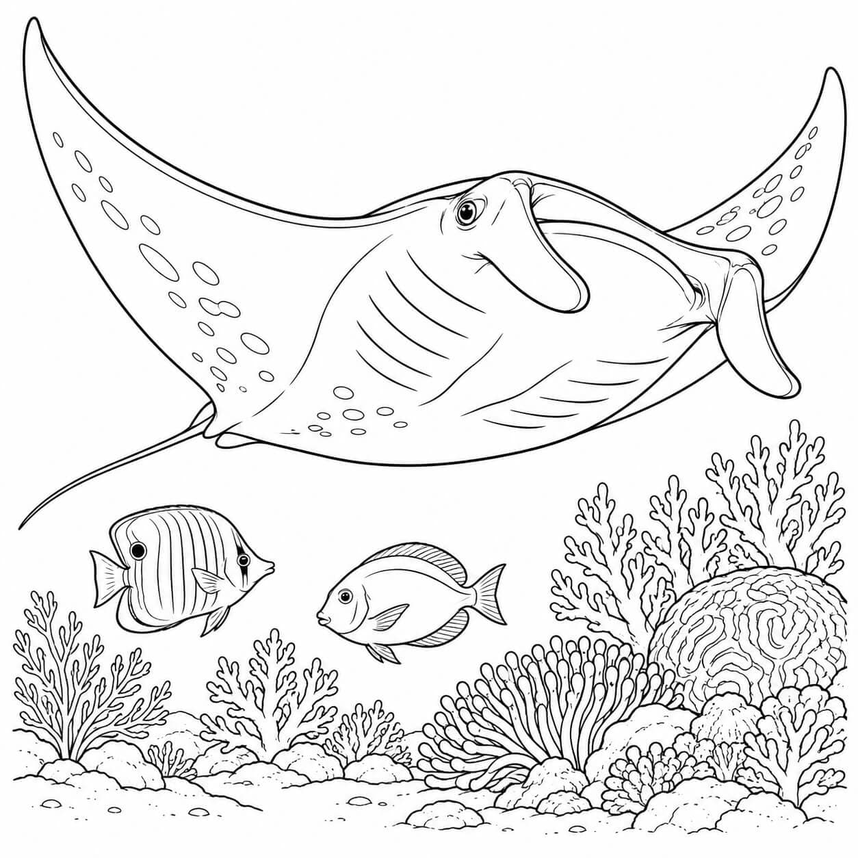 Arraia-manta entre corais para colorir