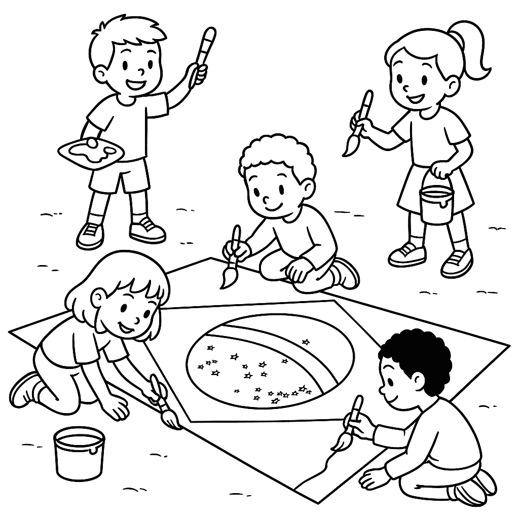 Crianças pintando a Bandeira do Brasil para colorir