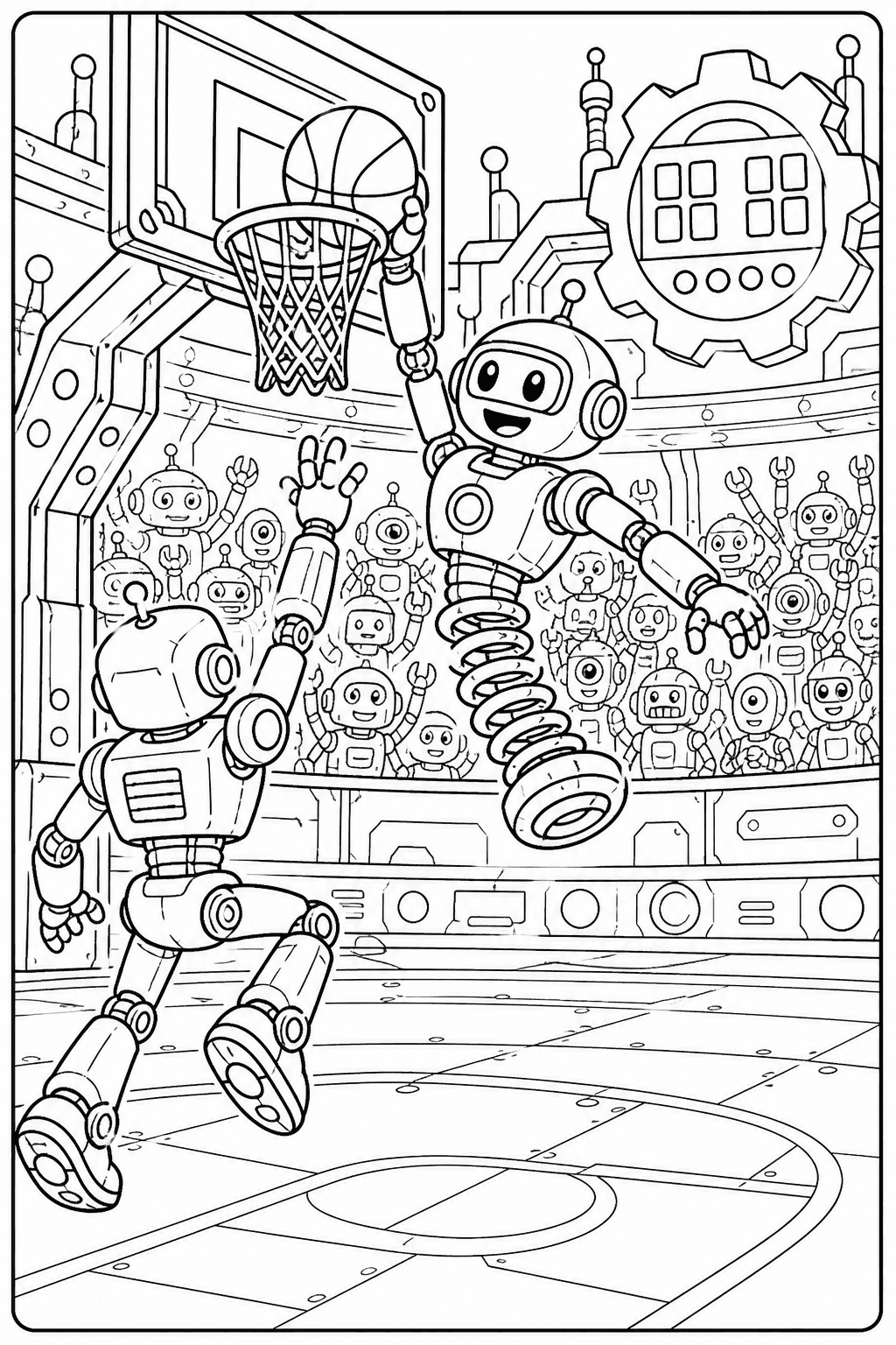 Robôs jogando basquete em arena futurista para colorir