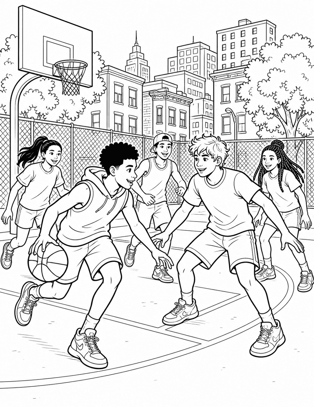 Amigos jogando basquete de rua para colorir