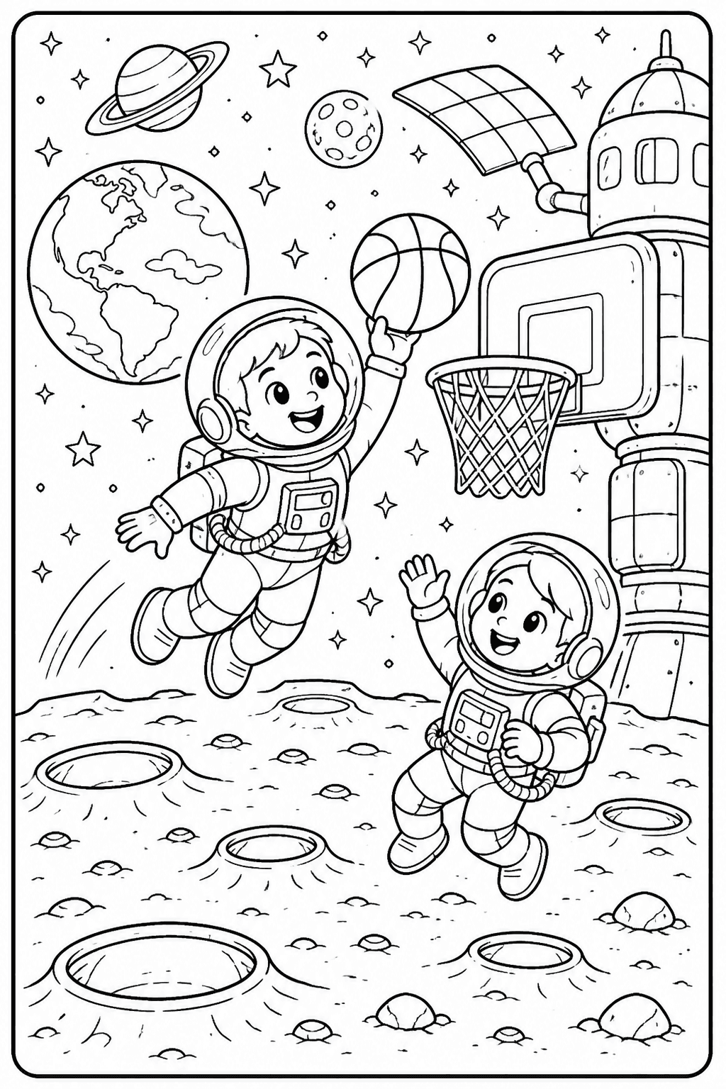 Astronautas jogando basquete no espaço para colorir