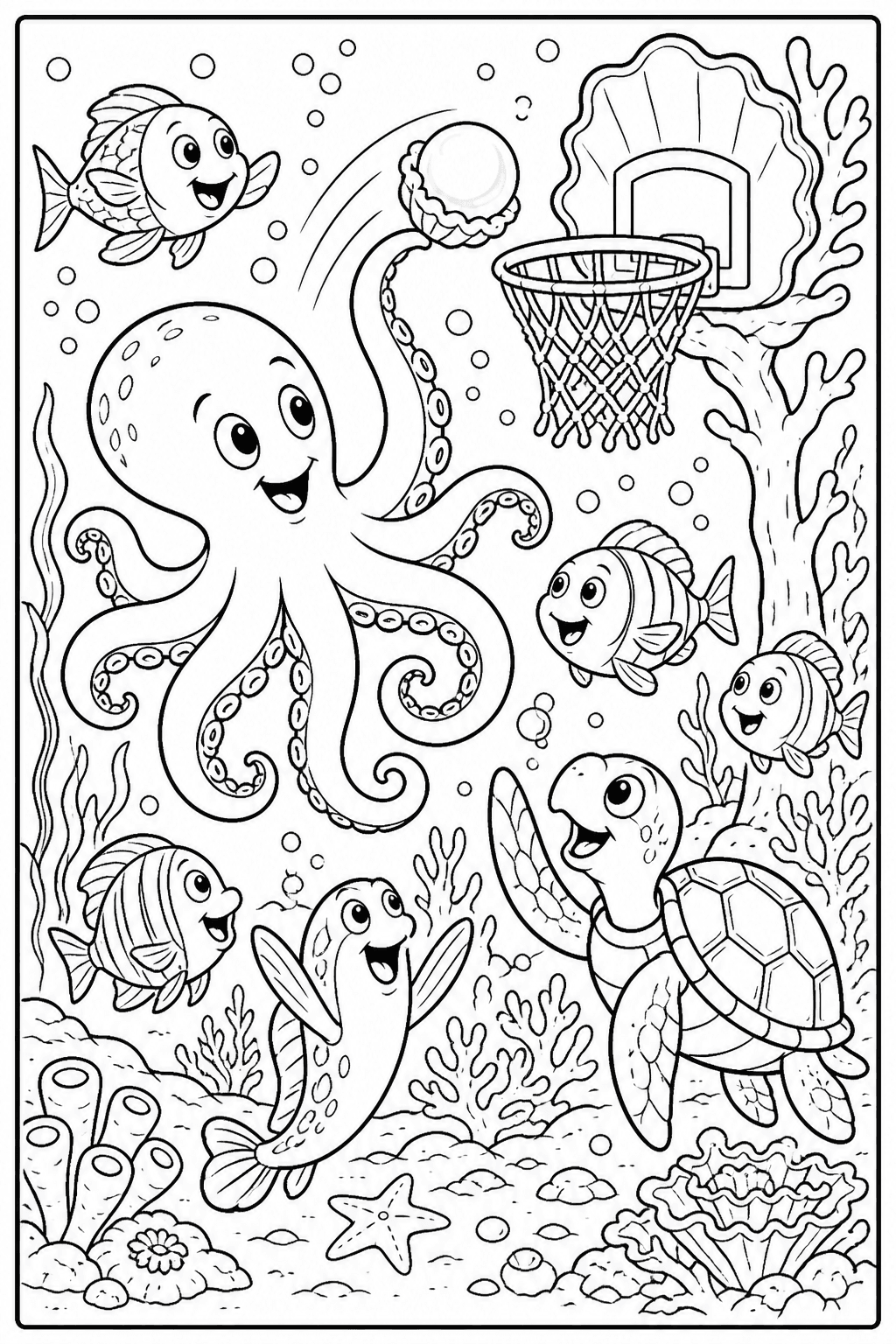 Animais jogando basquete no fundo do mar para colorir