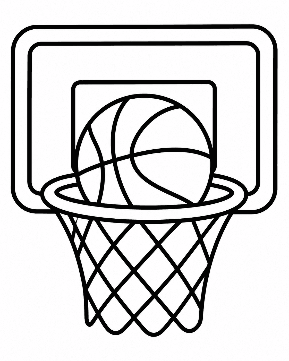 Bola entrando em cesta de basquete simples para colorir