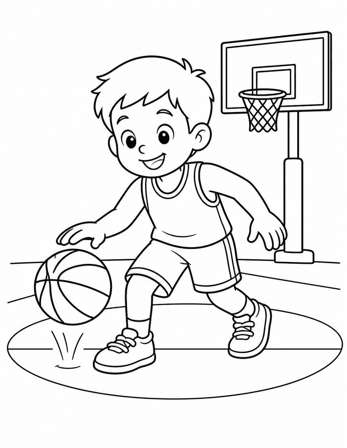 Criança quicando bola de basquete para colorir