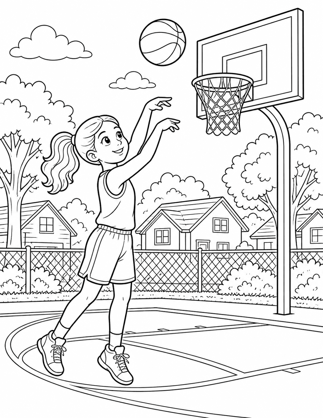 Menina arremessando a bola na cesta de basquete para colorir