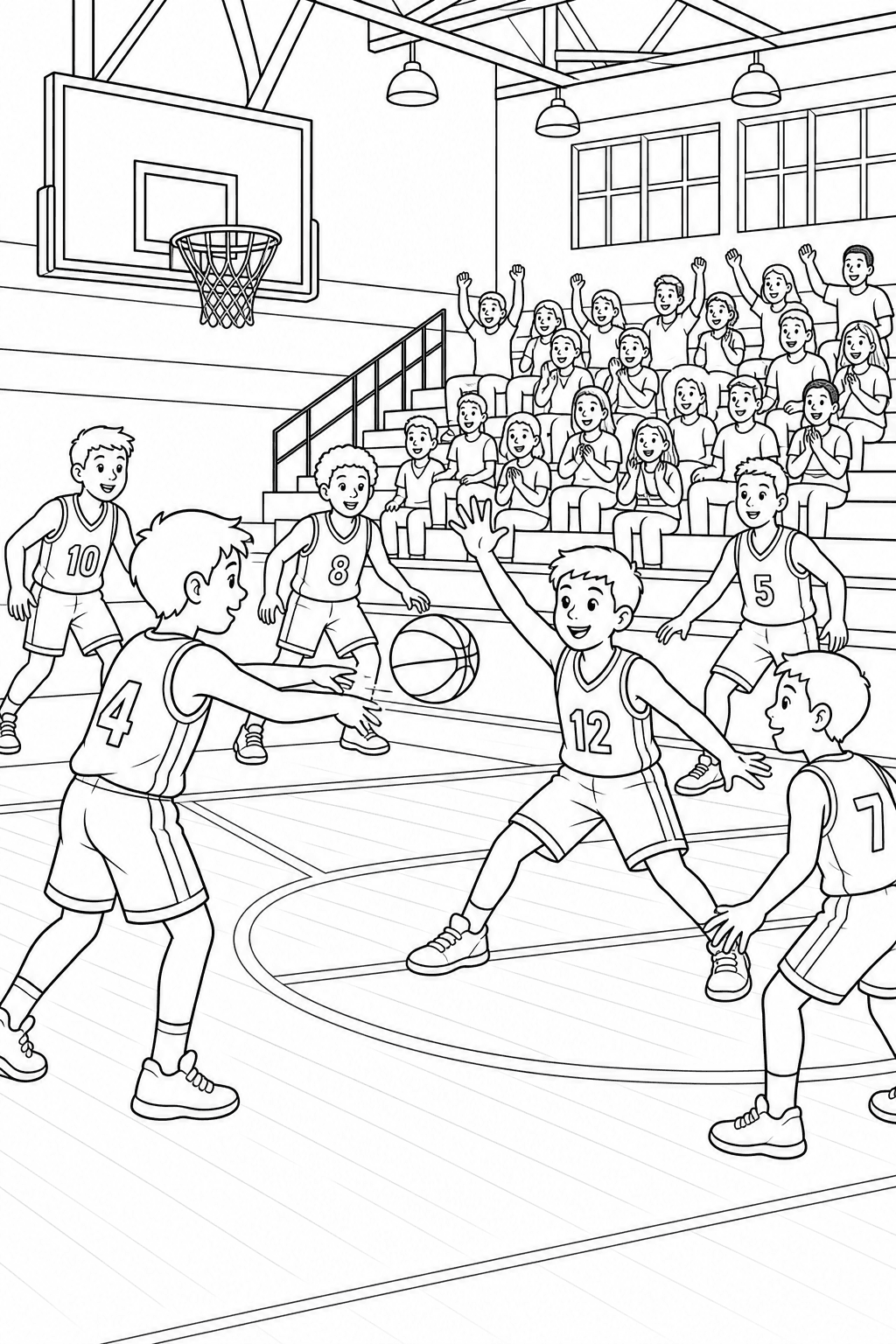 Partida de basquete em quadra com torcida para colorir