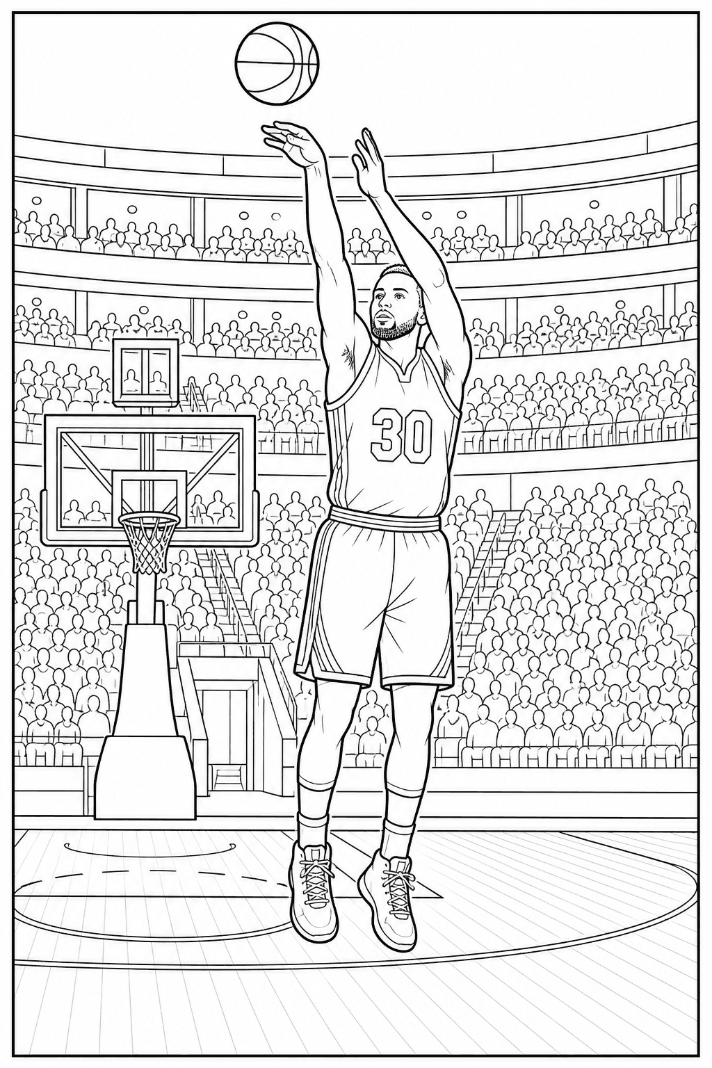 Stephen Curry arremessando uma bola de basquete para colorir