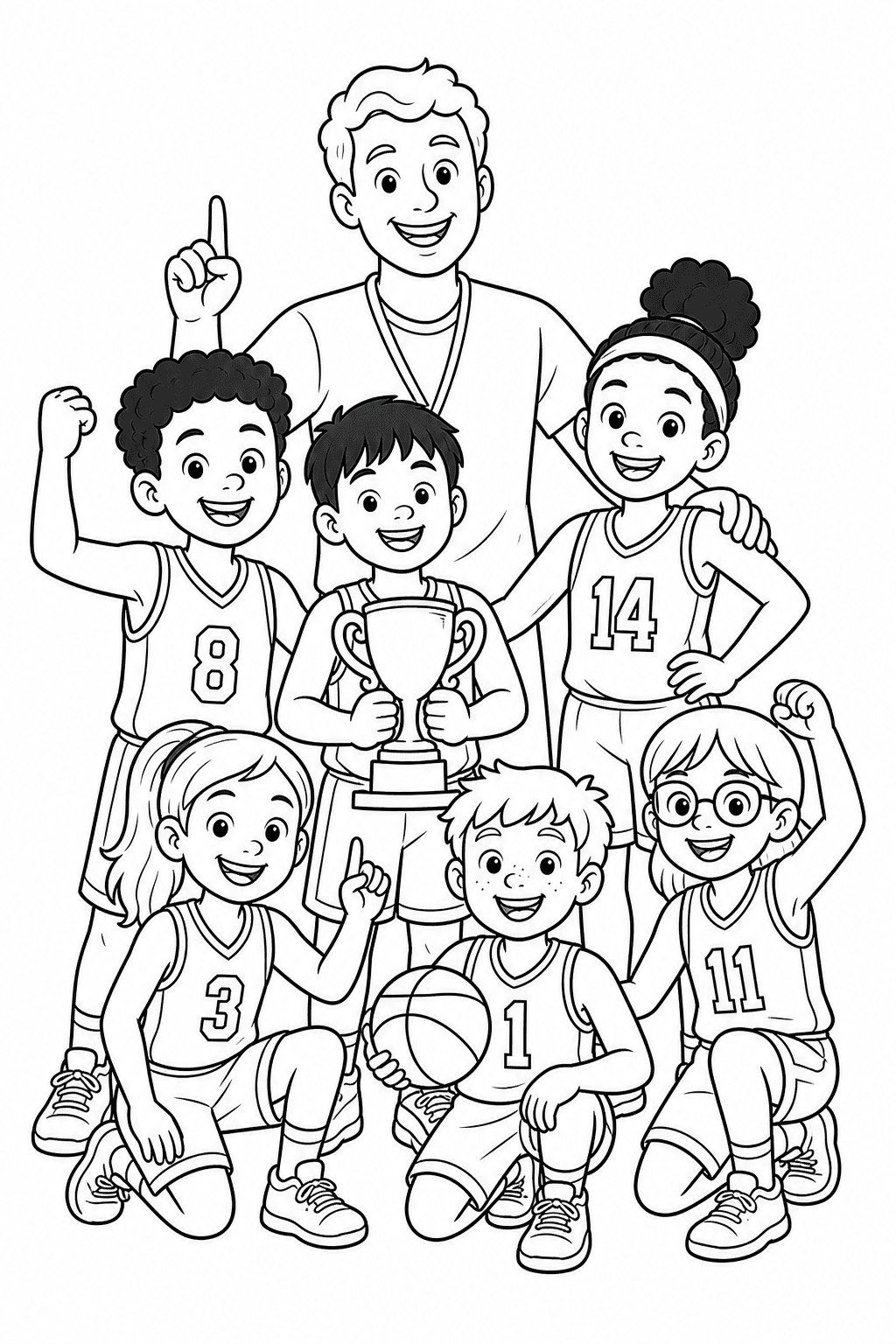 Time infantil de basquete com troféu para colorir