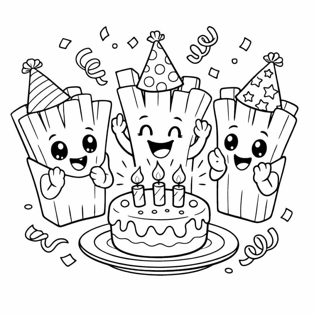 Batatas fritas comemorando aniversário para colorir
