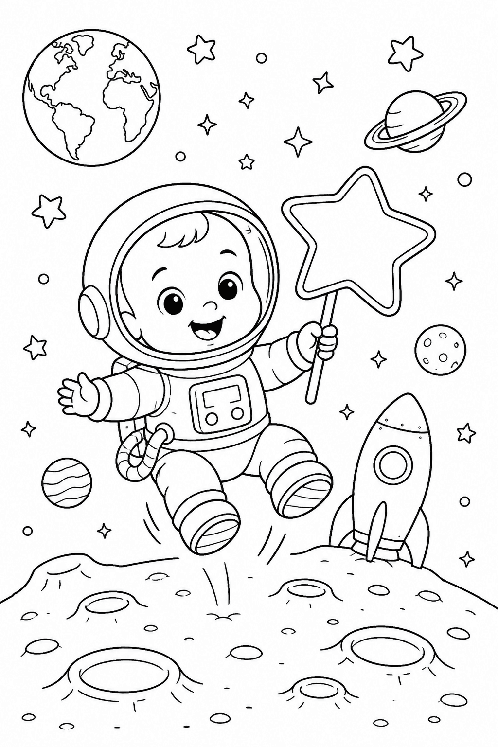 Bebê astronauta explorando a Lua para colorir