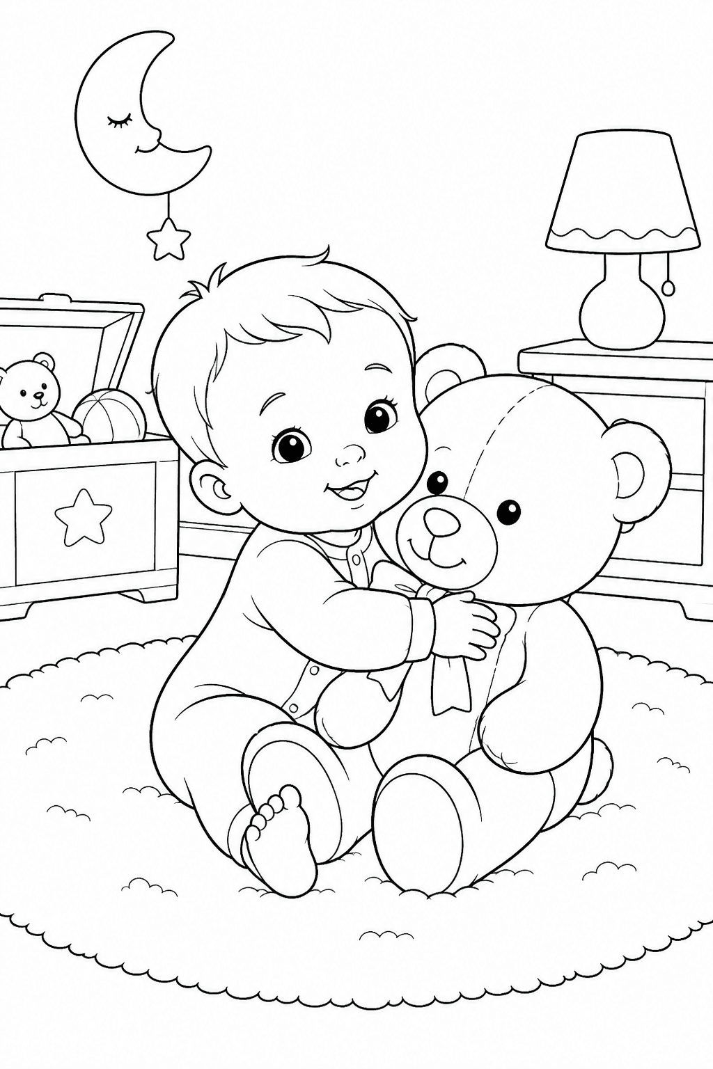 Bebê abraçando ursinho de pelúcia para colorir