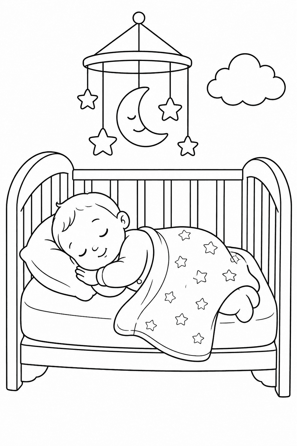 Bebê dormindo no berço com móbile para colorir