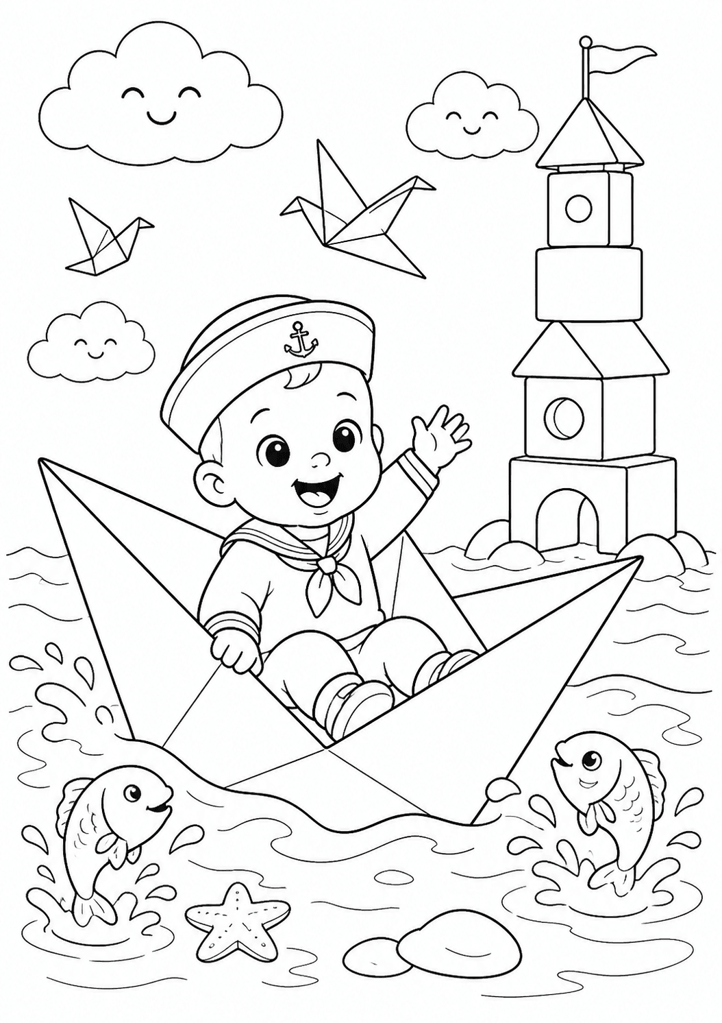 Bebê navegando em barco de papel para colorir