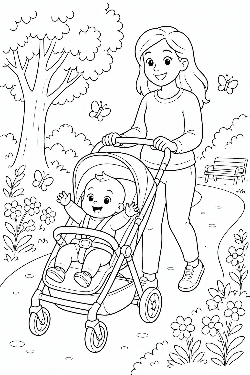 Bebê passeando de carrinho no parque para colorir