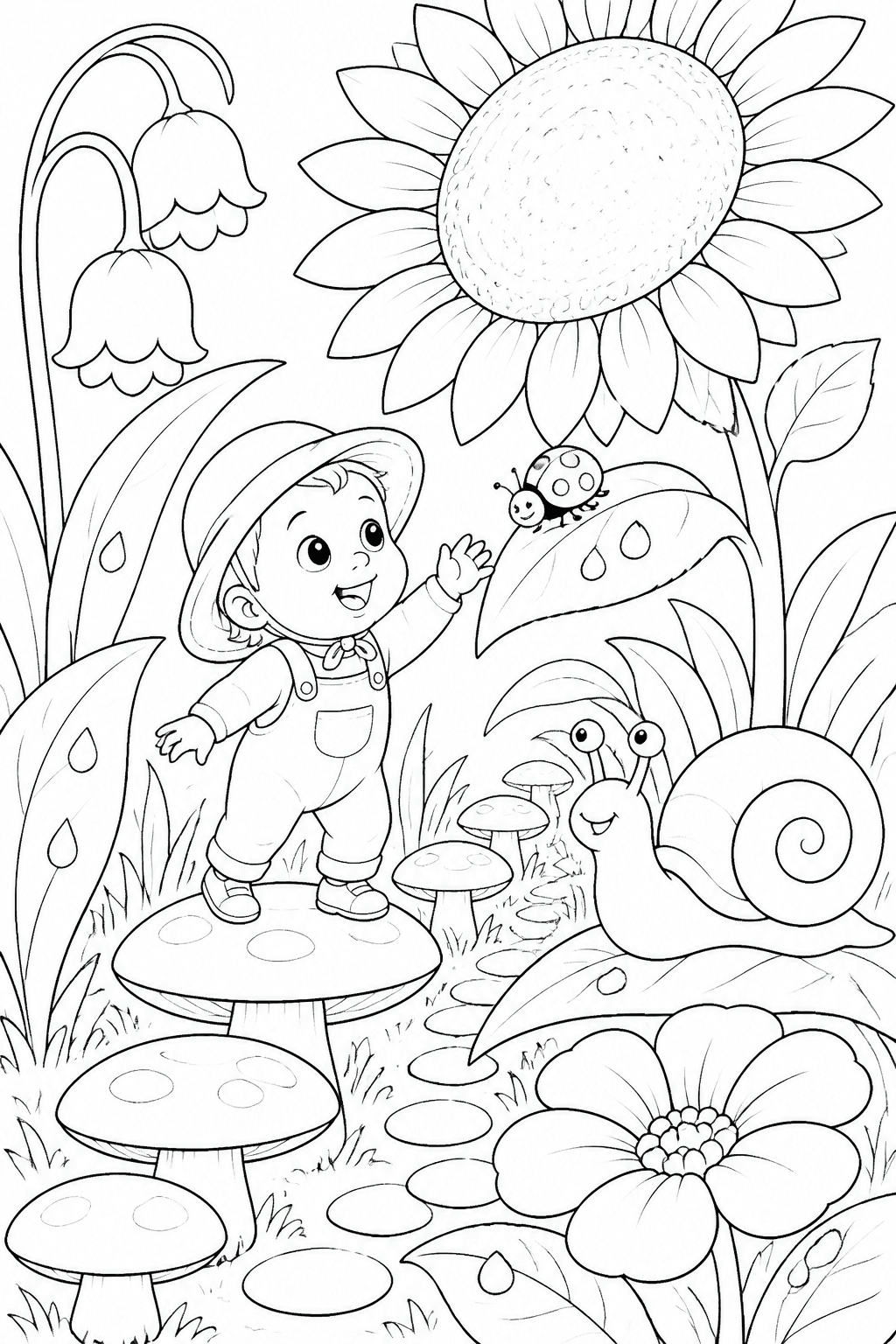 Bebê explorando jardim gigante para colorir