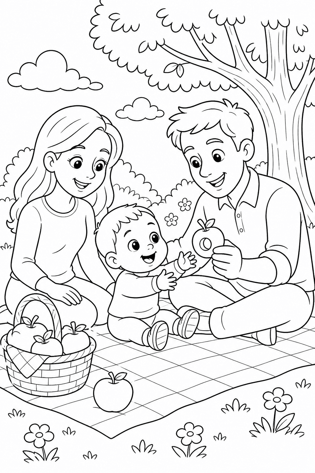 Bebê com a família em um piquenique para colorir