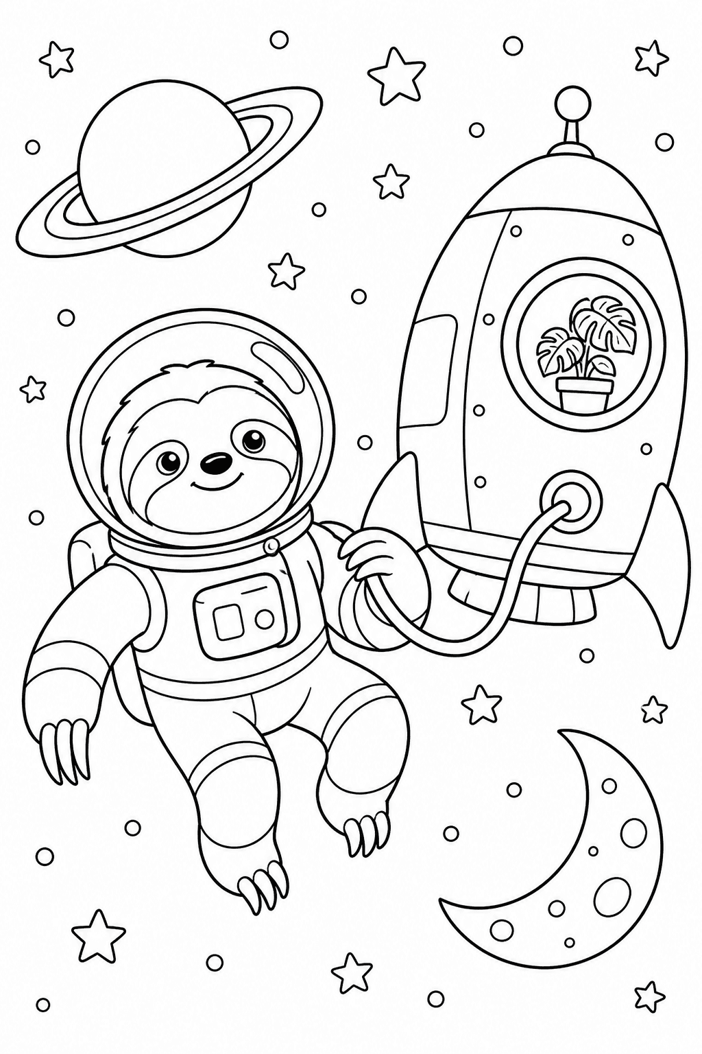 Bicho-preguiça astronauta flutuando no espaço para colorir