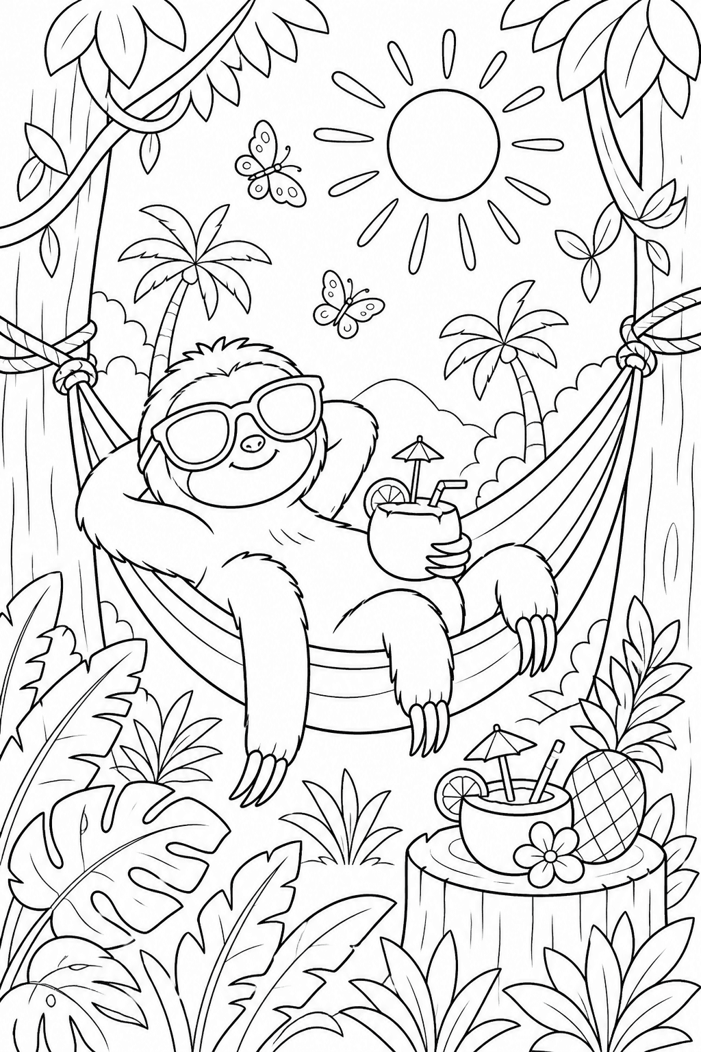 Bicho-preguiça com óculos de sol descansando na rede para colorir