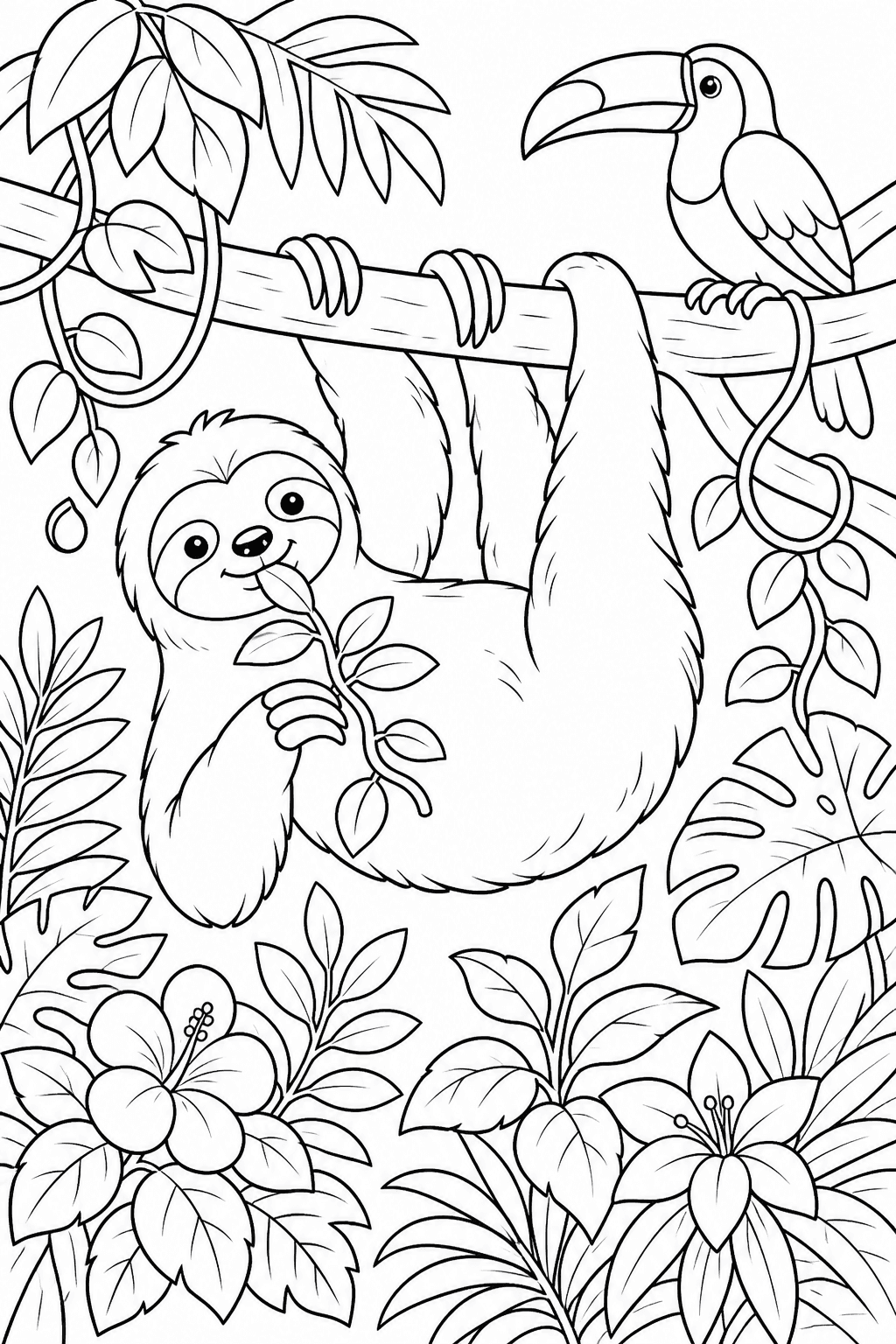 Bicho-preguiça comendo folhas ao lado de um tucano para colorir