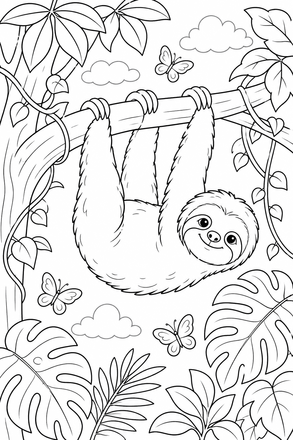 Bicho-preguiça pendurado em um galho para colorir