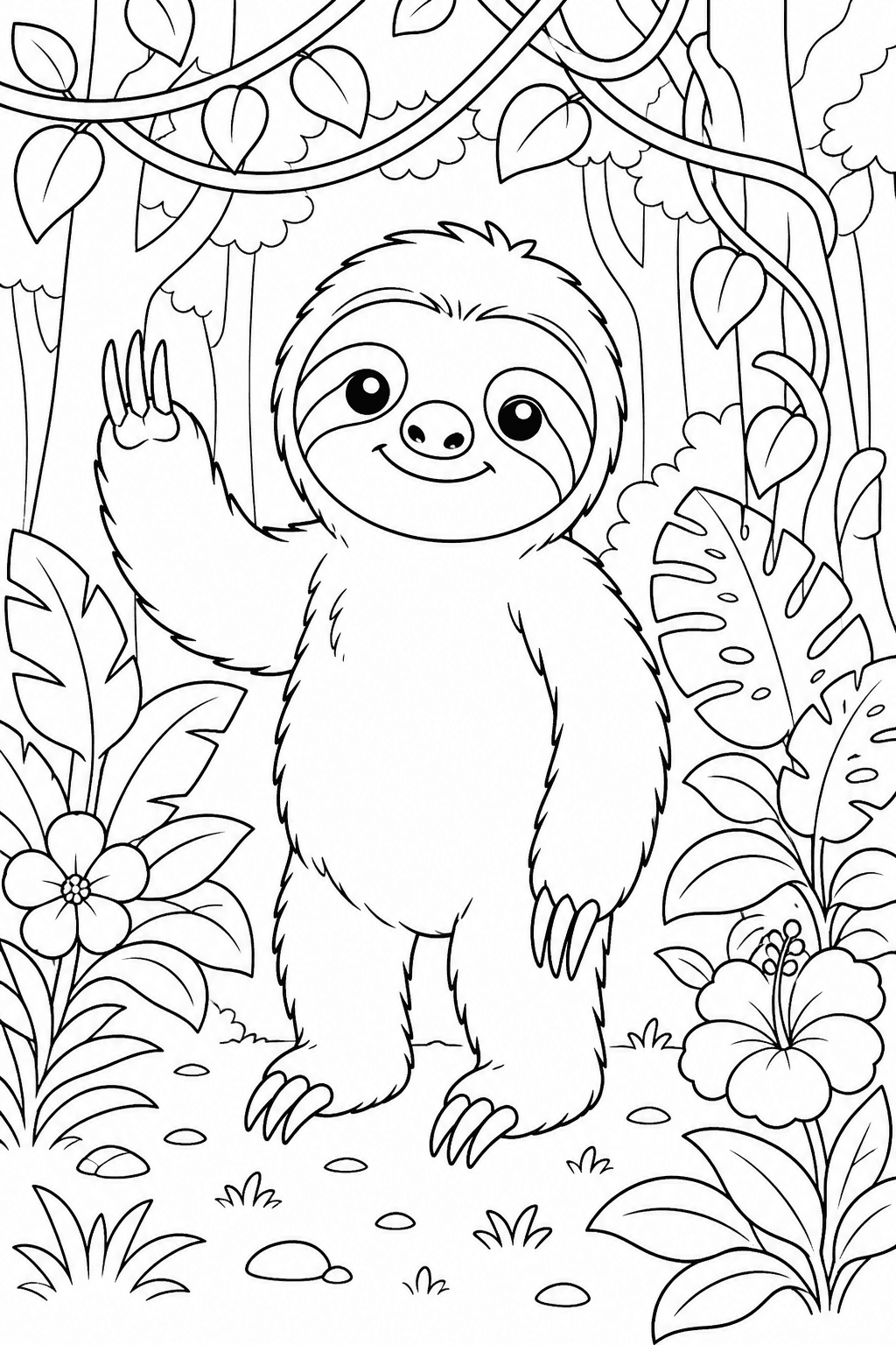 Bicho-preguiça na floresta tropical para colorir